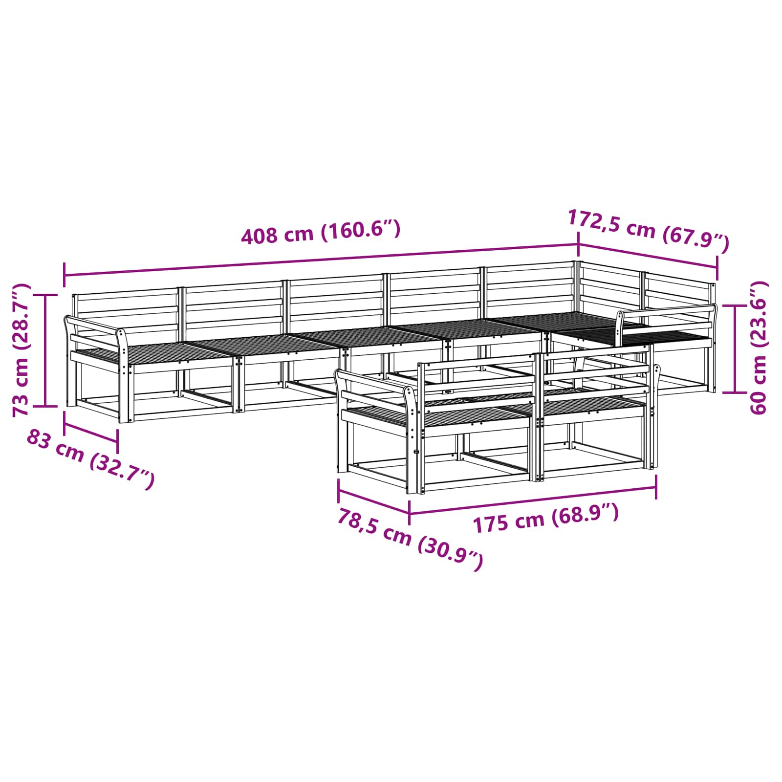 Set vanjskih sofa 8 pcs Bijela 408 x 172,5 x 73 cm