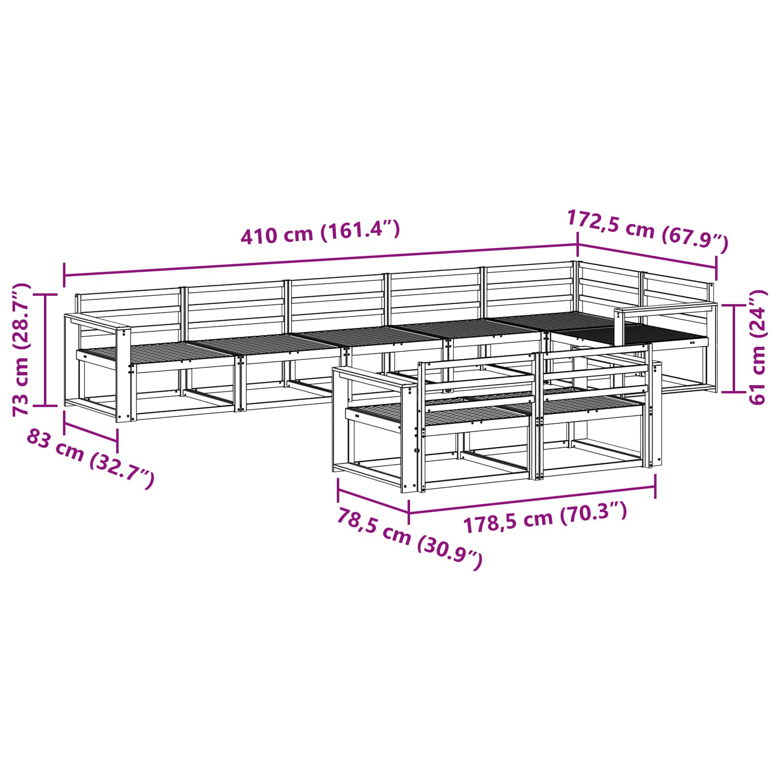Set vanjskih sofa 8 pcs Bijela 410 x 172,5 x 73 cm
