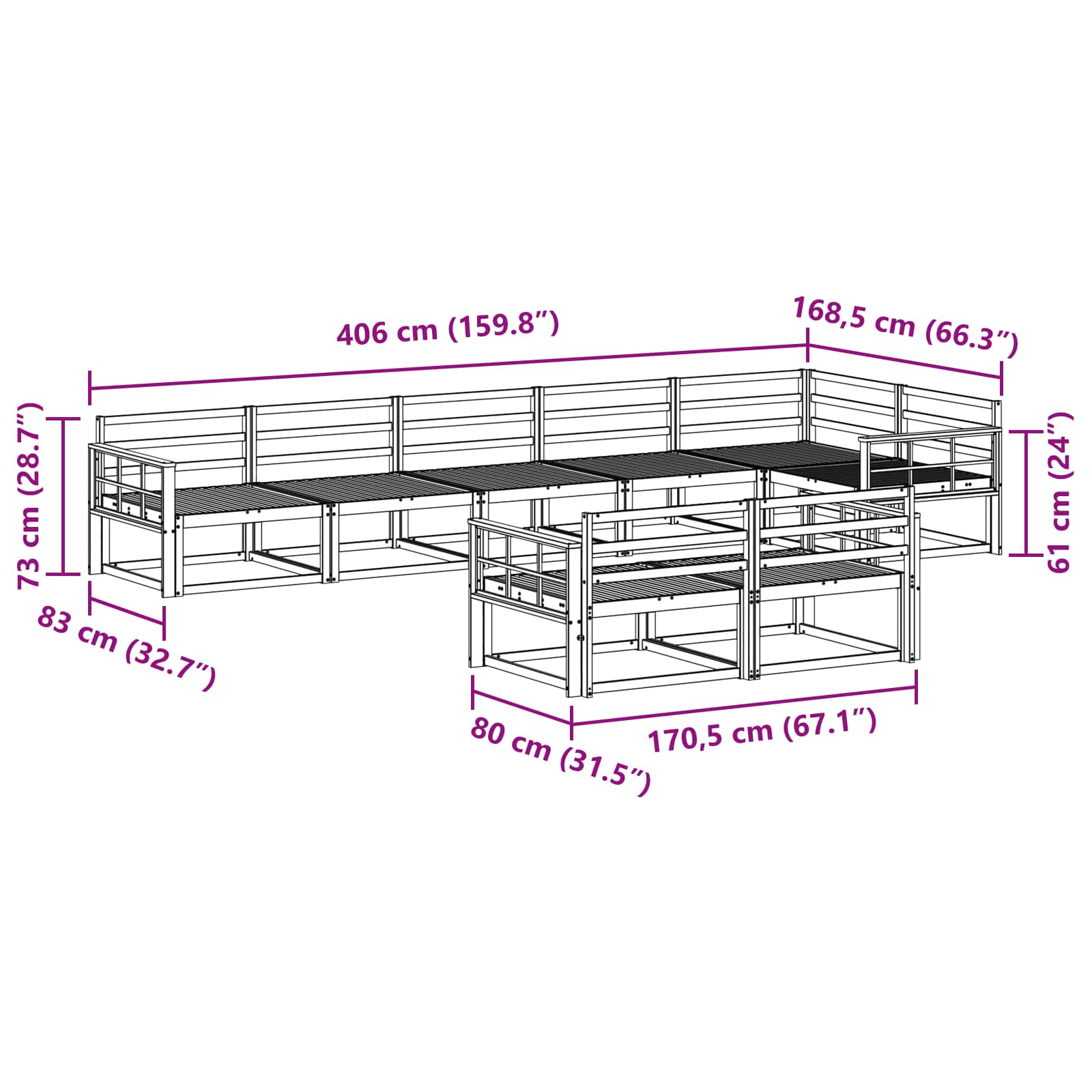 Set vanjskih sofa 8 pcs Bijela 406 x 168,5 x 73 cm
