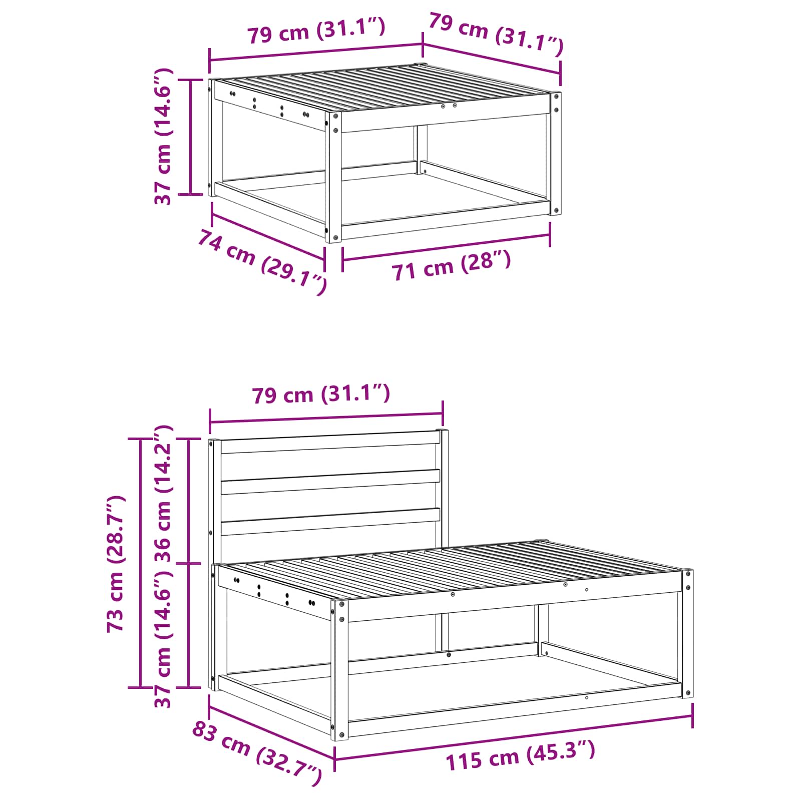 Set vanjskih sofa Bijela 79 x 79 x 37 cm Čvrsto drvo akacije