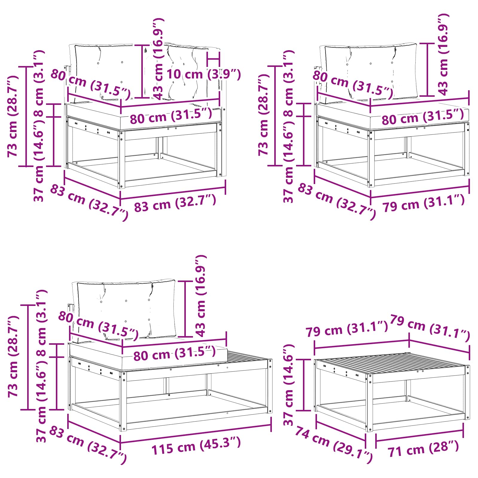 Set vanjskih sofa s jastukom Bijela 79 x 79 x 37 cm Poliester