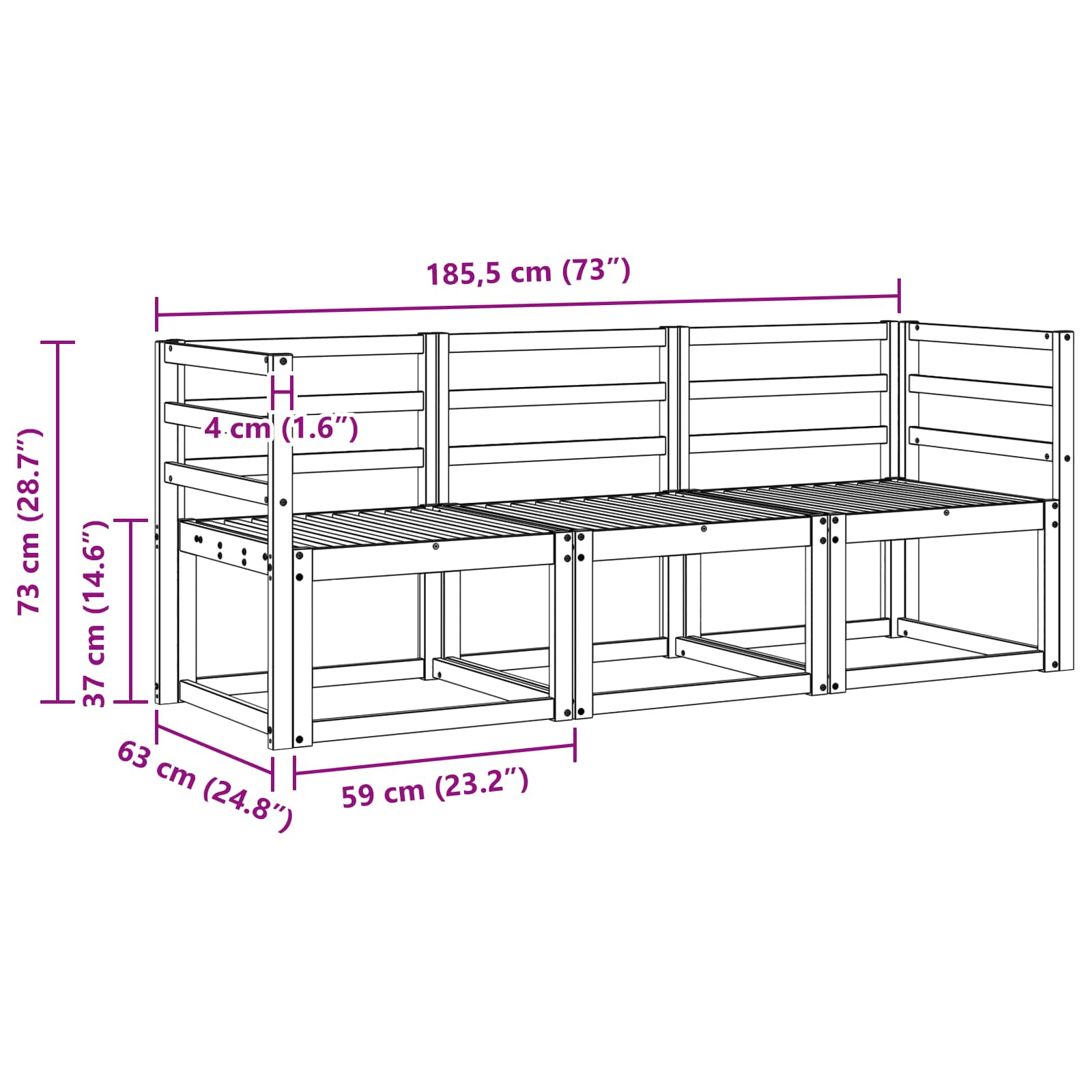 Set vanjskih sofa 3 pcs Bijela 185,5 x 63 x 73 cm