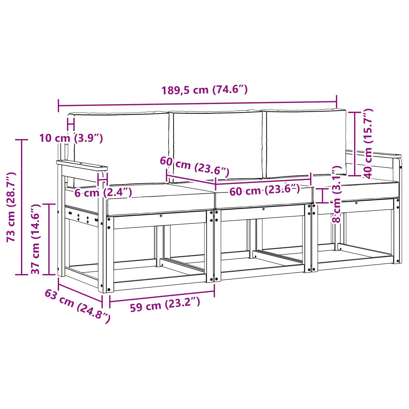 Set vanjskih sofa 3 pcs Bijela i svjetlosiva 189,5 x 63 x 73 cm