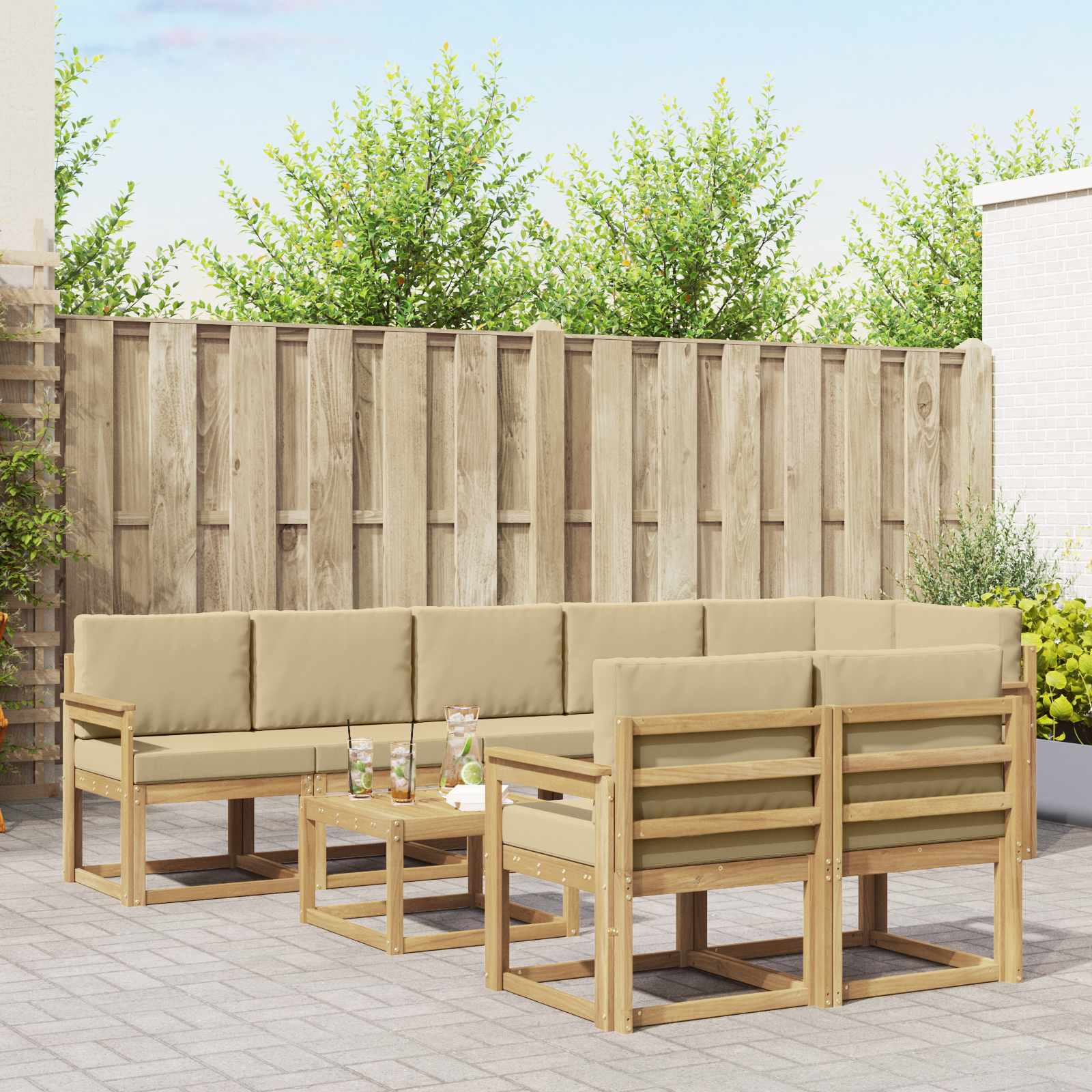 Set vanjskih sofa s jastukom 9 pcs Bijela i bež Poliester