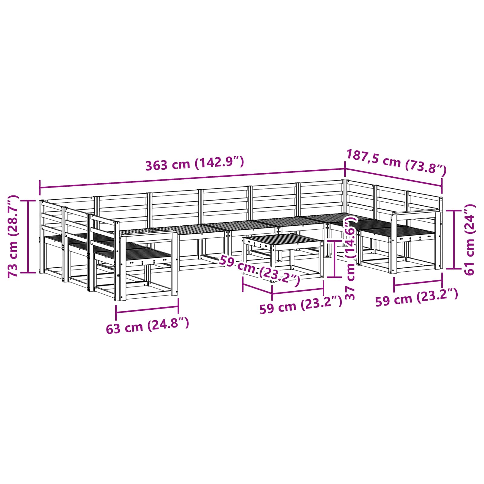 Set vanjskih sofa 11 pcs Bijela Čvrsto drvo akacije