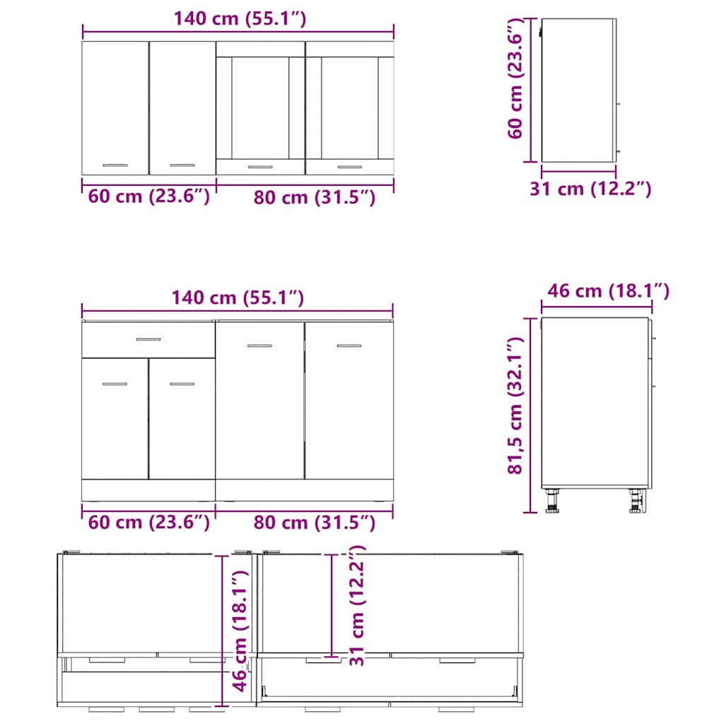 Set kuhinjskih ormarića s ladicama Lyon 4 pcs Dimljeni hrast