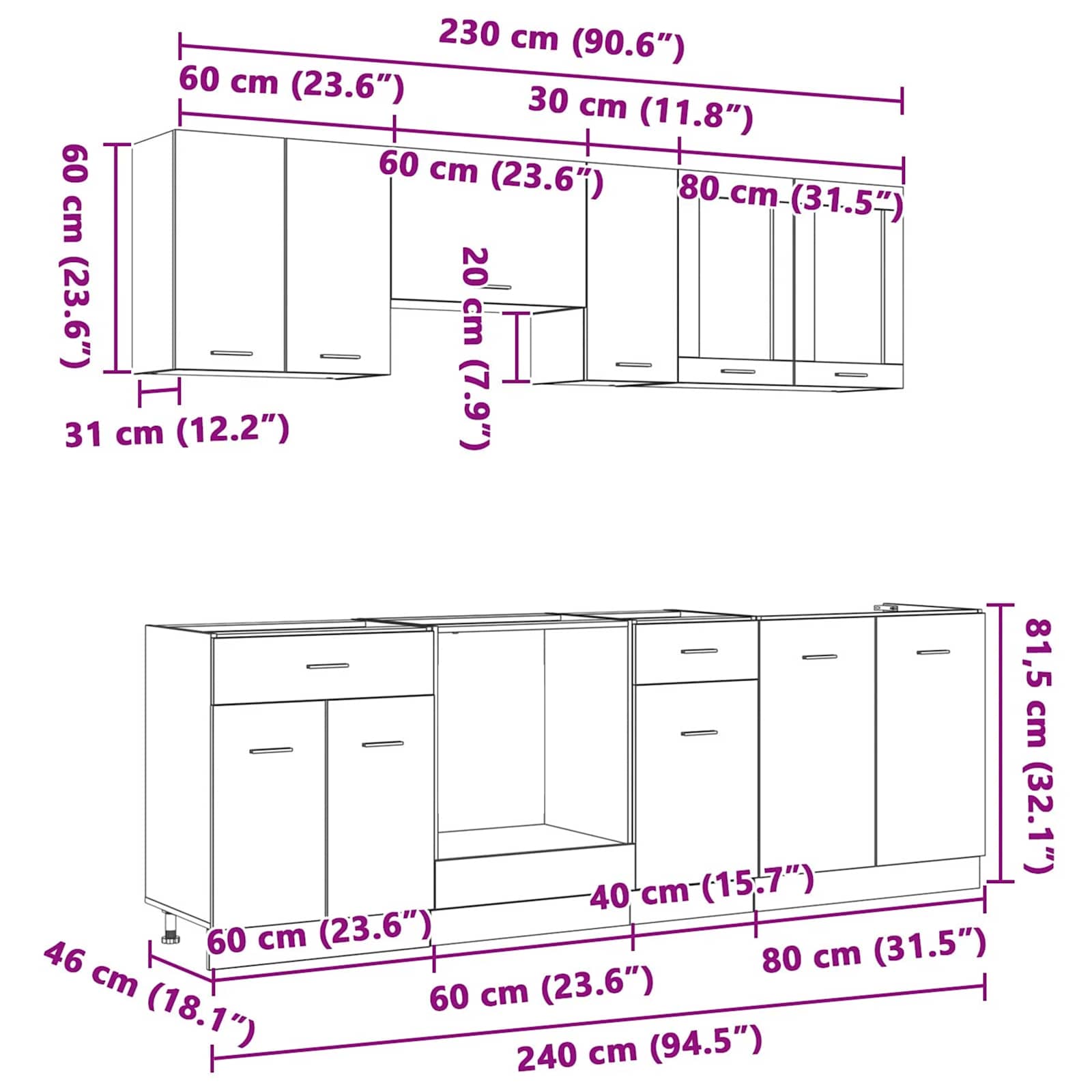 Set kuhinjskih ormarića s ladicama Lyon 8 pcs Dimljeni hrast