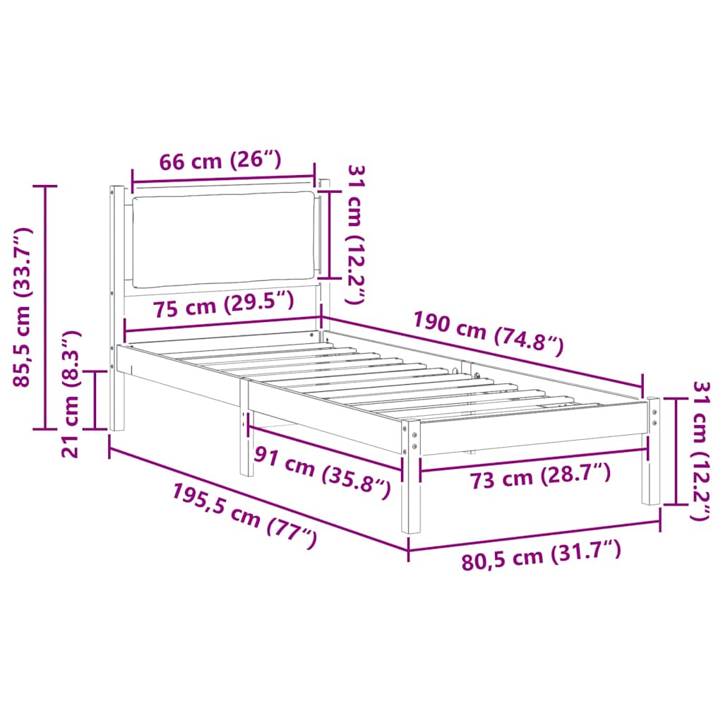 Krevetna konstrukcija Crna 80 x 190 cm Čvrsto borovo drvo