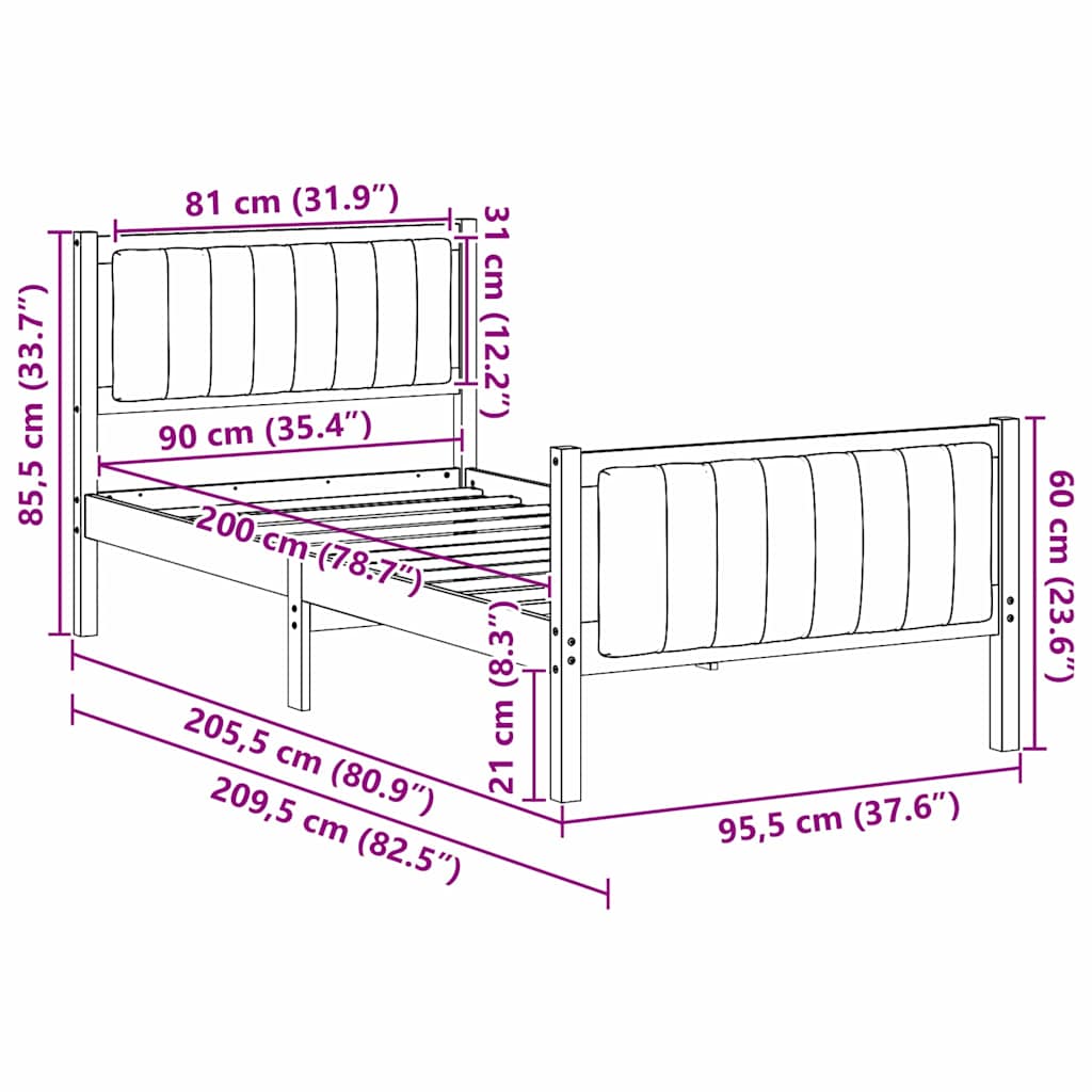 Okvir kreveta s uzglavljem Bijela i svijetlosiva 90 x 200 cm