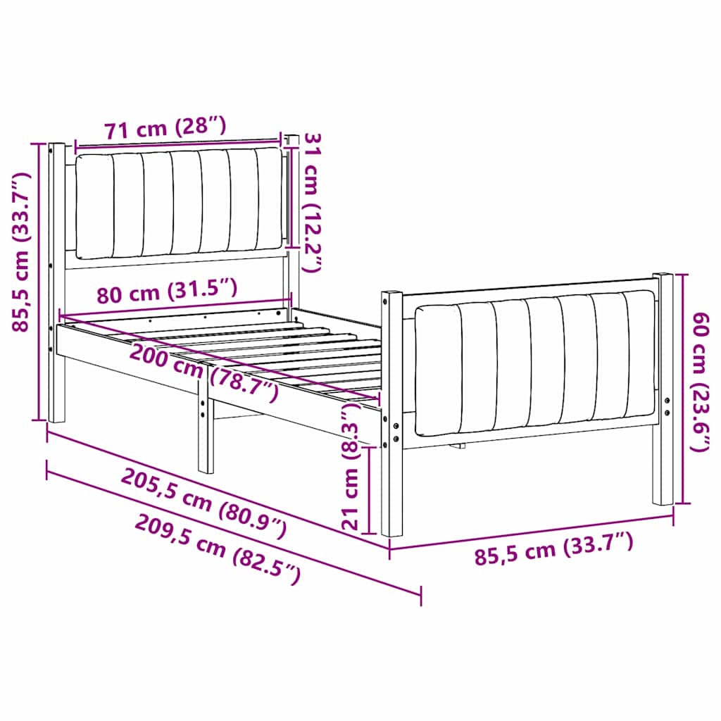 Okvir kreveta s uzglavljem Bijela i svijetlosiva 80 x 200 cm