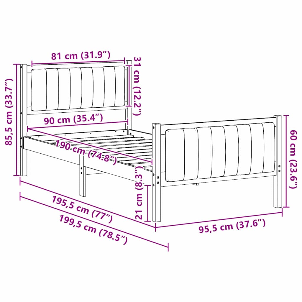 Okvir kreveta Smeđa i taupe 90 x 190 cm Masivna borovina