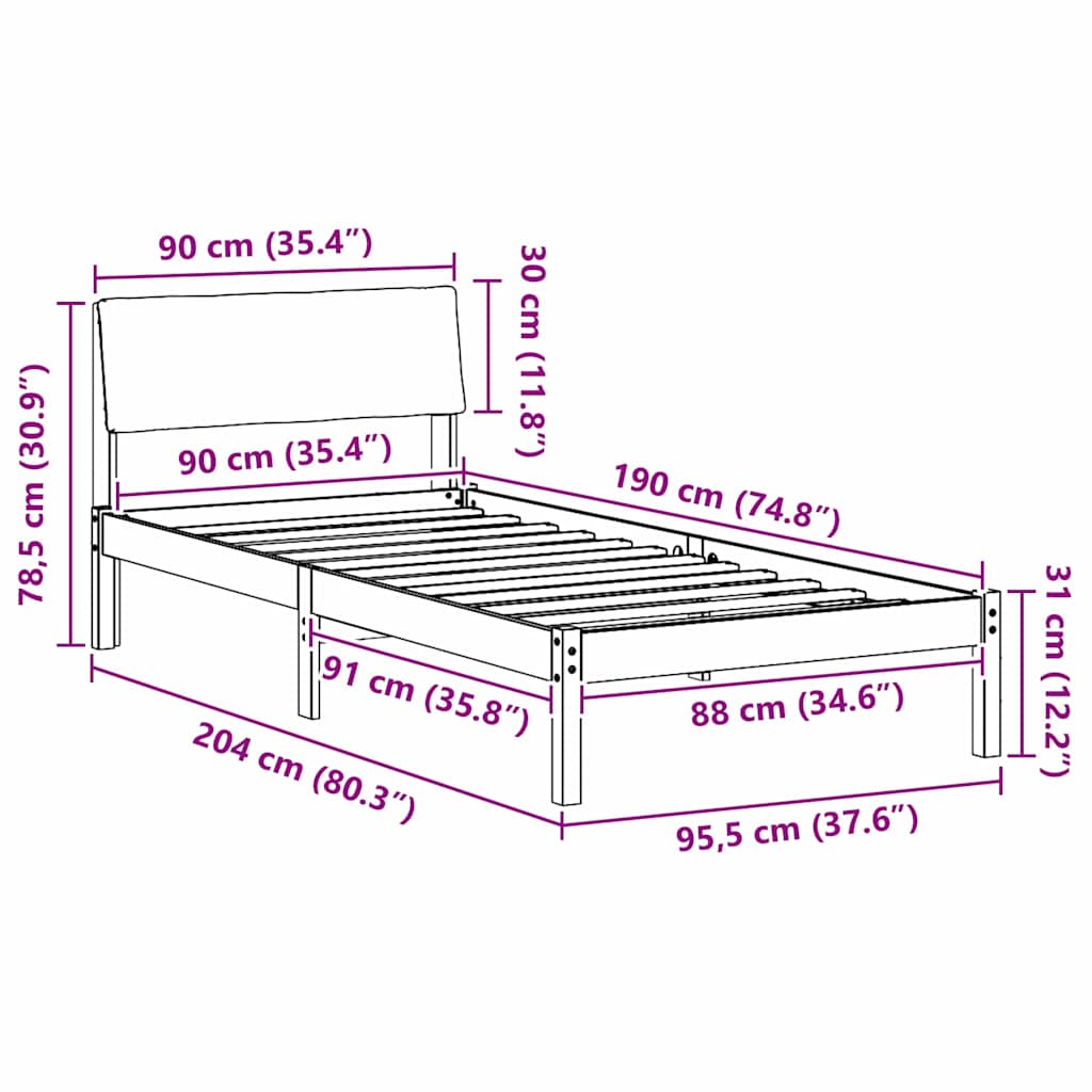 Okvir kreveta Smeđa i crna 90 x 190 cm Masivna borovina