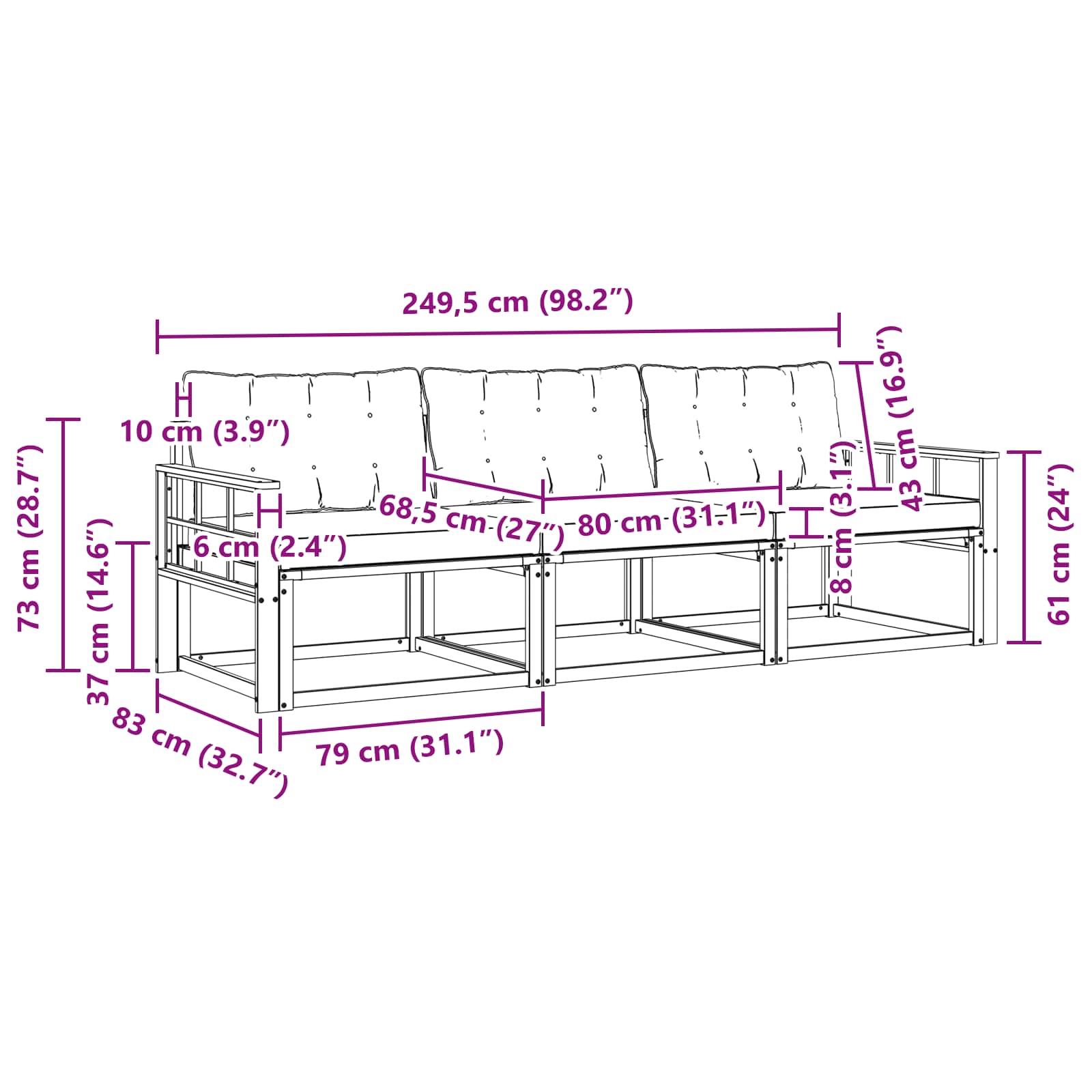Set vanjskih sofa s jastukom 3 pcs Bijela i crna