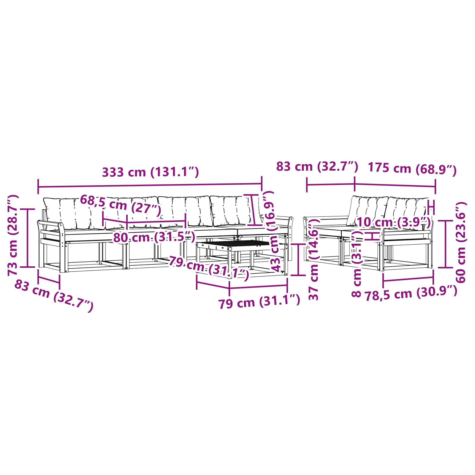 Set vanjskih sofa 7 pcs Bijela i crna 79 x 79 x 37 cm