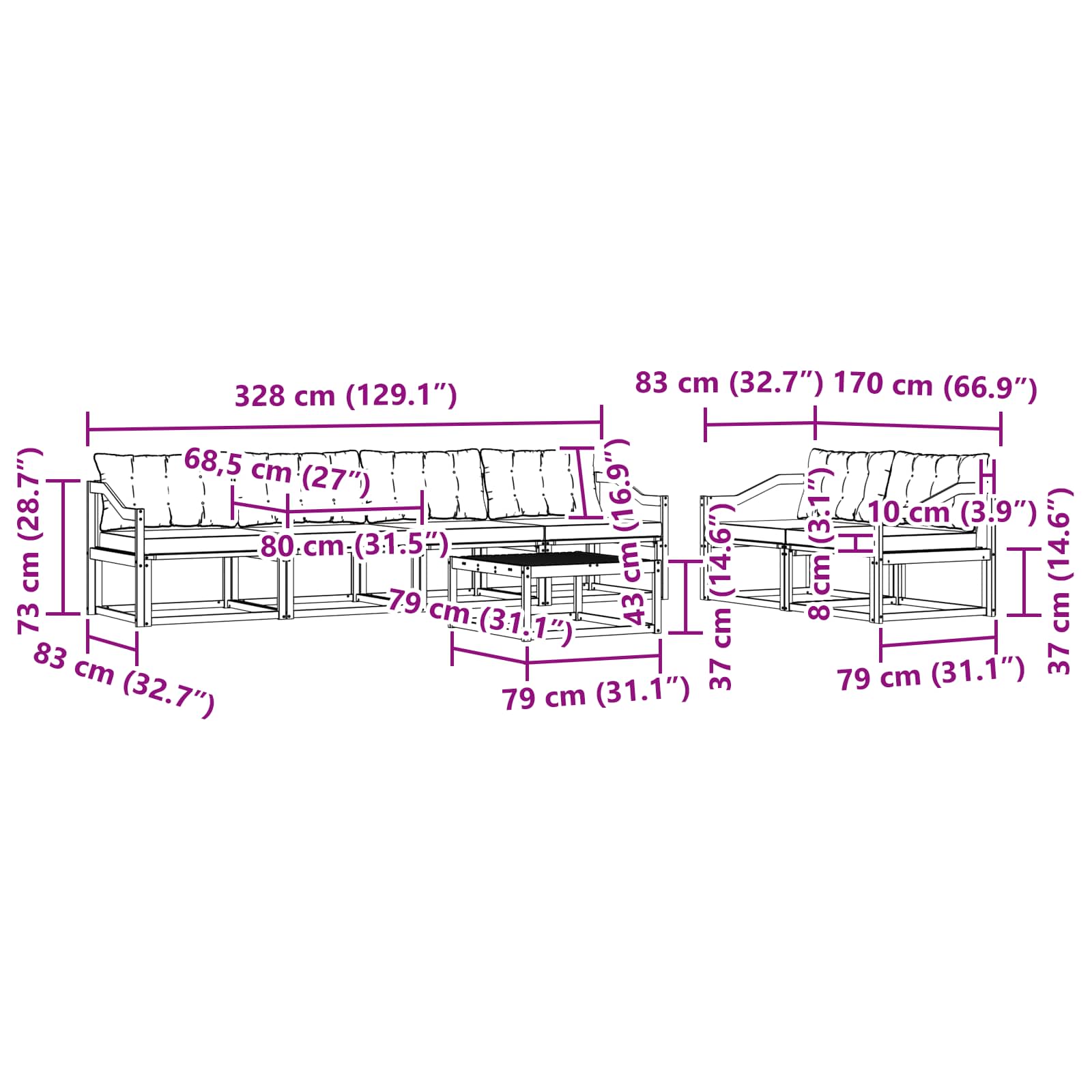 Set vanjskih sofa 7 pcs Bijela i crna 79 x 79 x 37 cm