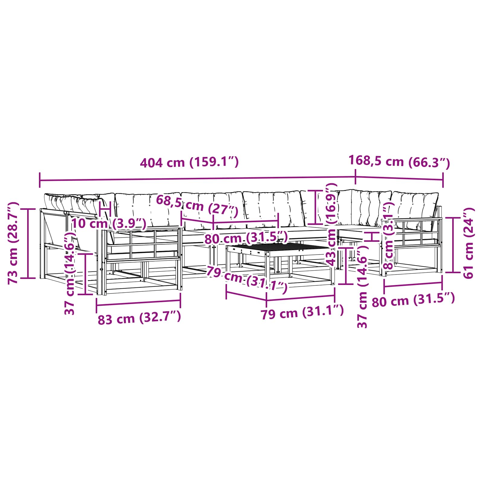 Set vanjskih sofa 8 pcs Bijela i crna 79 x 79 x 37 cm
