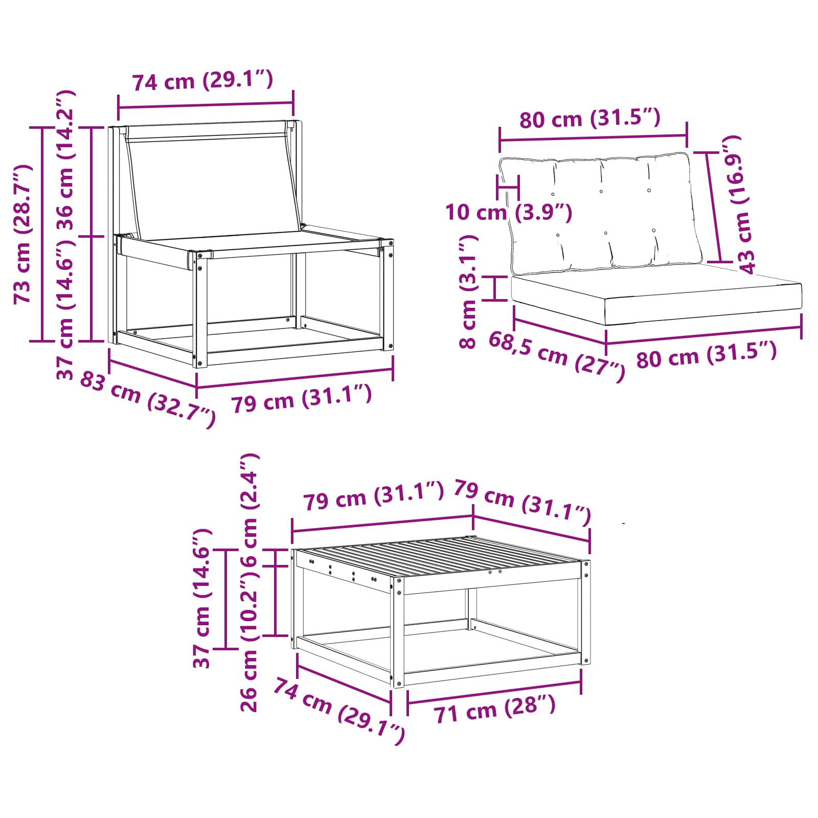 Set vanjskih sofa 9 pcs Bijela i crna 79 x 79 x 37 cm