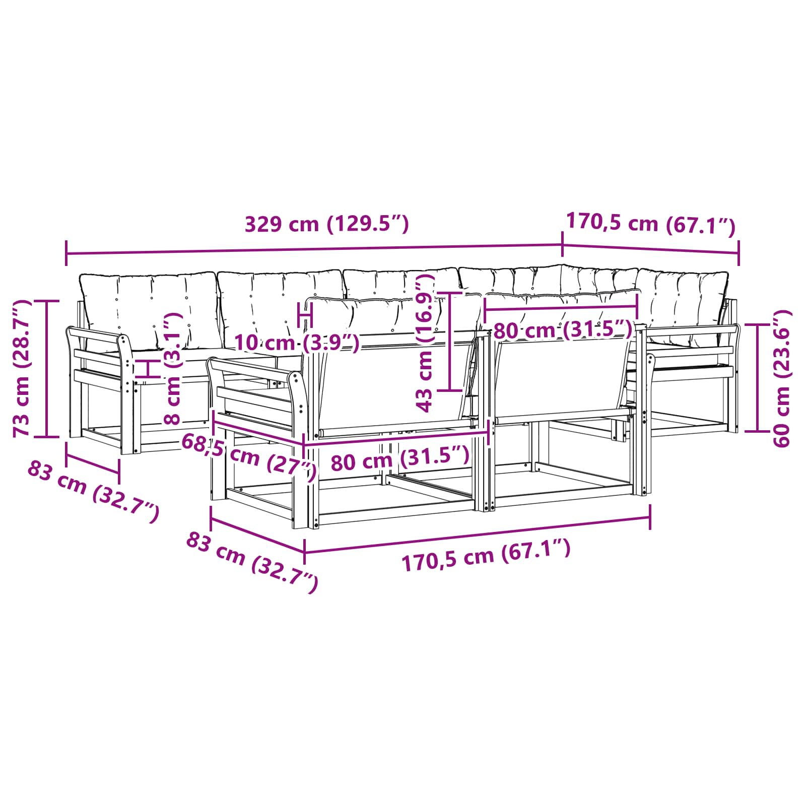 Set vanjskih sofa s jastukom 7 pcs Bijela i crna