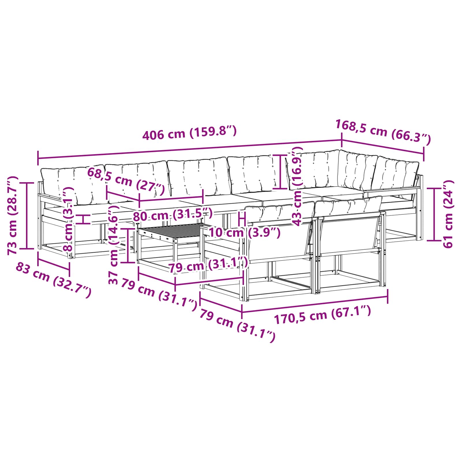 Set vanjskih sofa 9 pcs Bijela i krem 79 x 79 x 37 cm