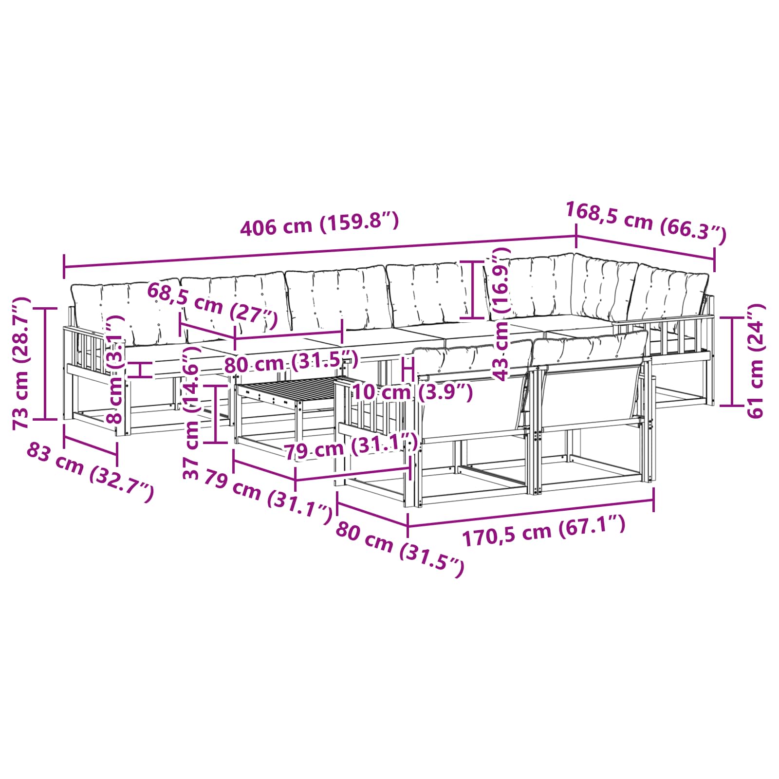 Set vanjskih sofa 9 pcs Bijela i bež 79 x 79 x 37 cm