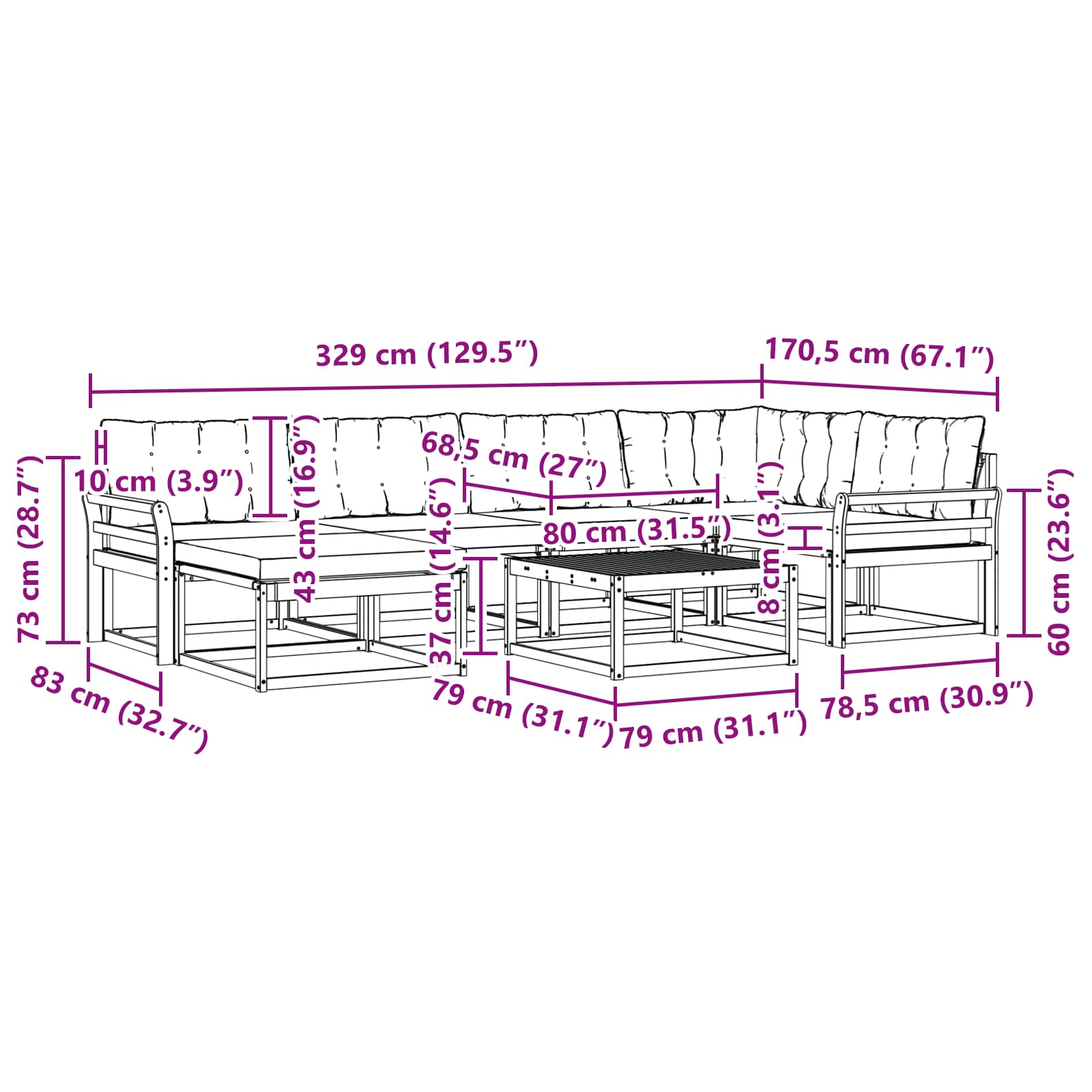 Set vanjskih sofa 7 pcs Bijela i crna 79 x 79 x 37 cm