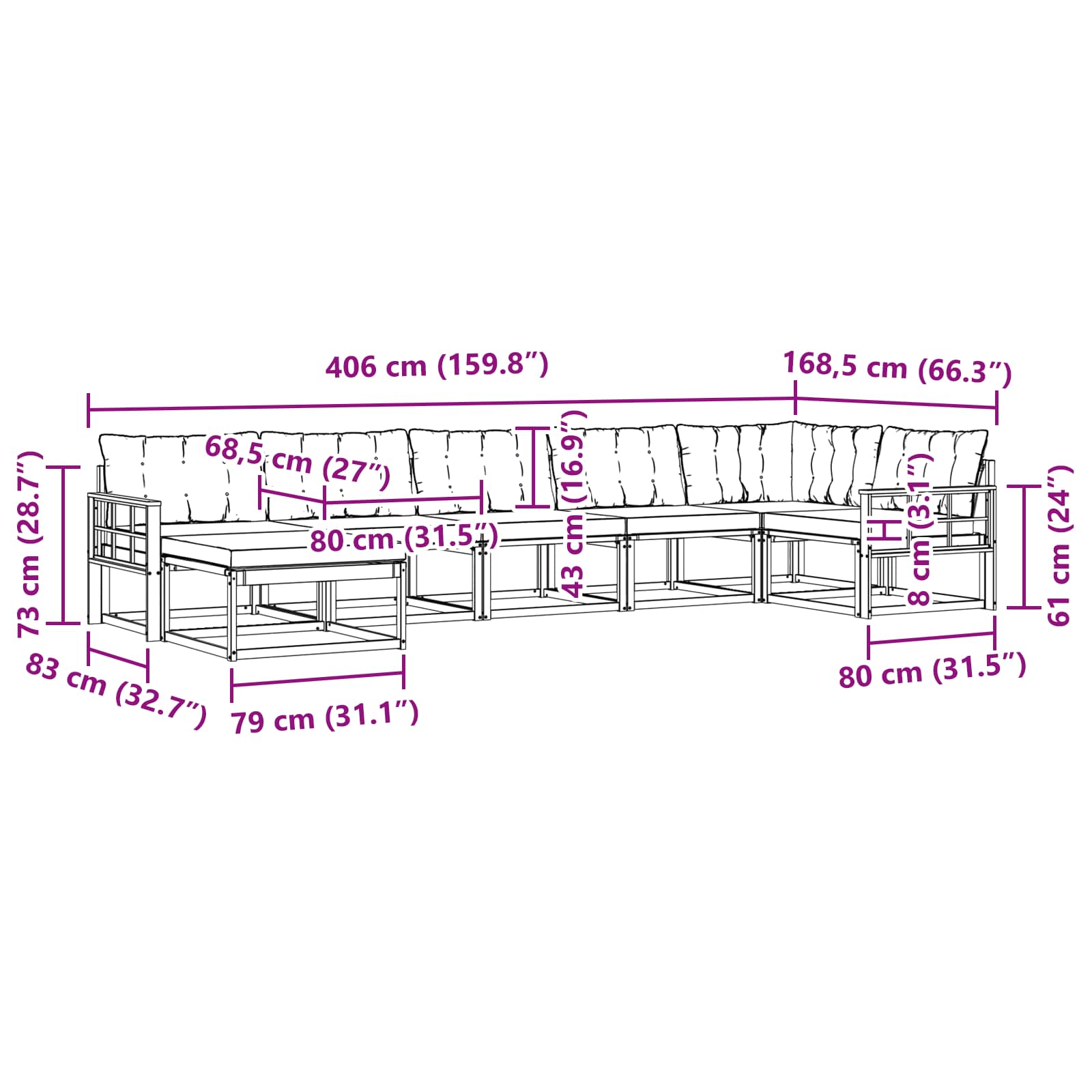 Set vanjskih sofa s jastukom 7 pcs Bijela i crna