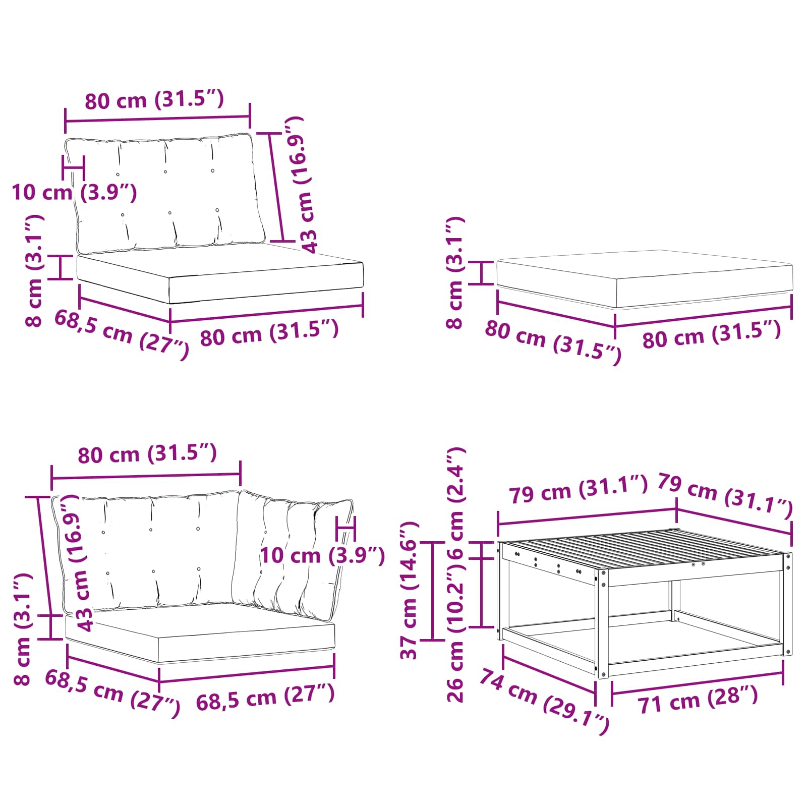 Set vanjskih sofa 8 pcs Bijela i crna Čvrsto drvo akacije