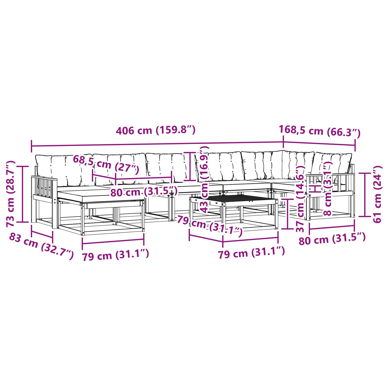 Set vanjskih sofa 8 pcs Bijela i krem Čvrsto drvo akacije