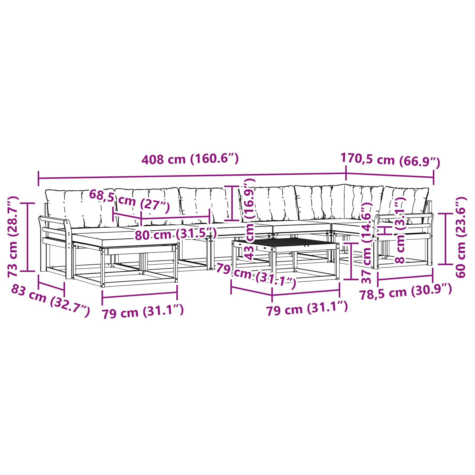 Set vanjskih sofa 8 pcs Bijela i crna 79 x 79 x 37 cm