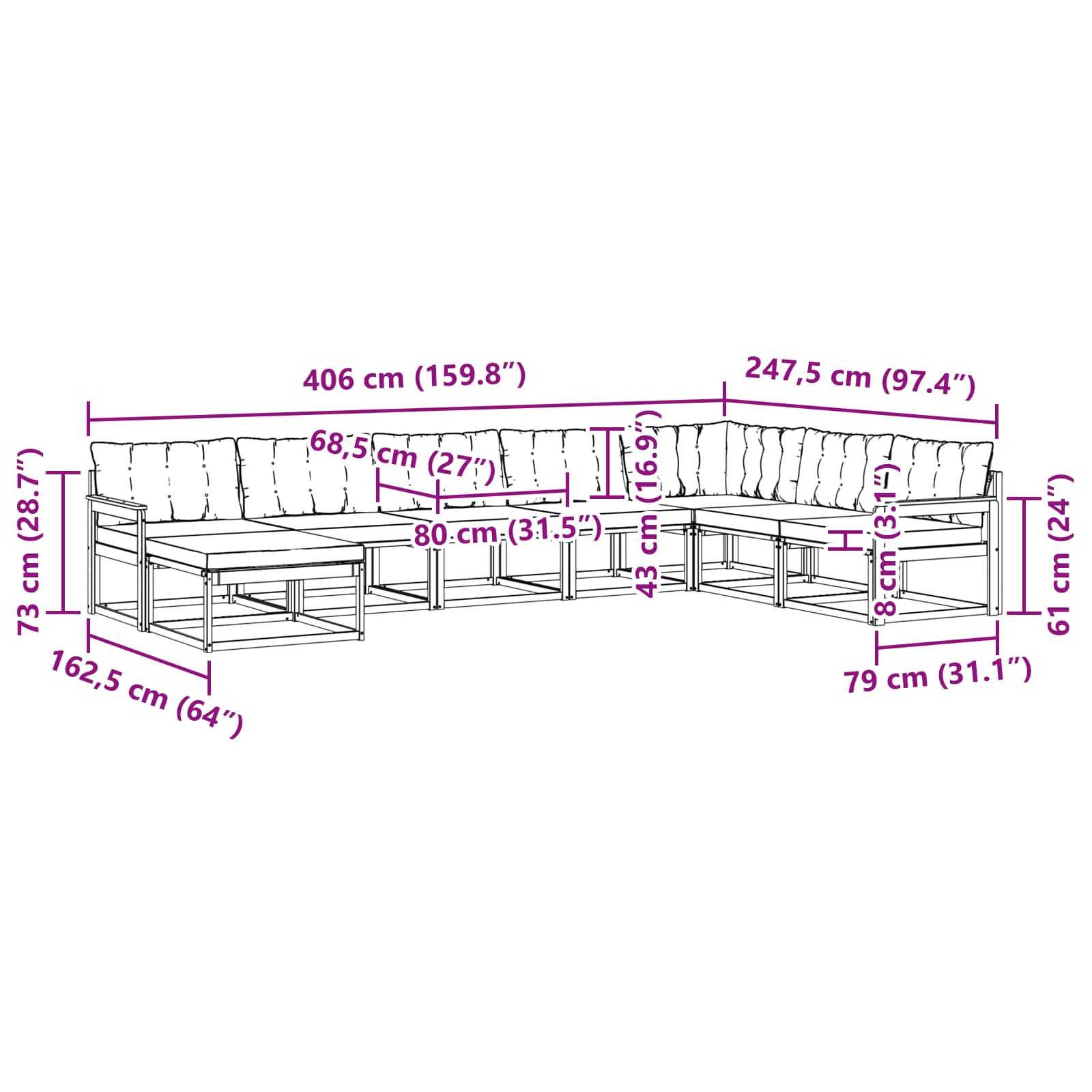 Set vanjskih sofa 8 pcs Čvrsto drvo akacije