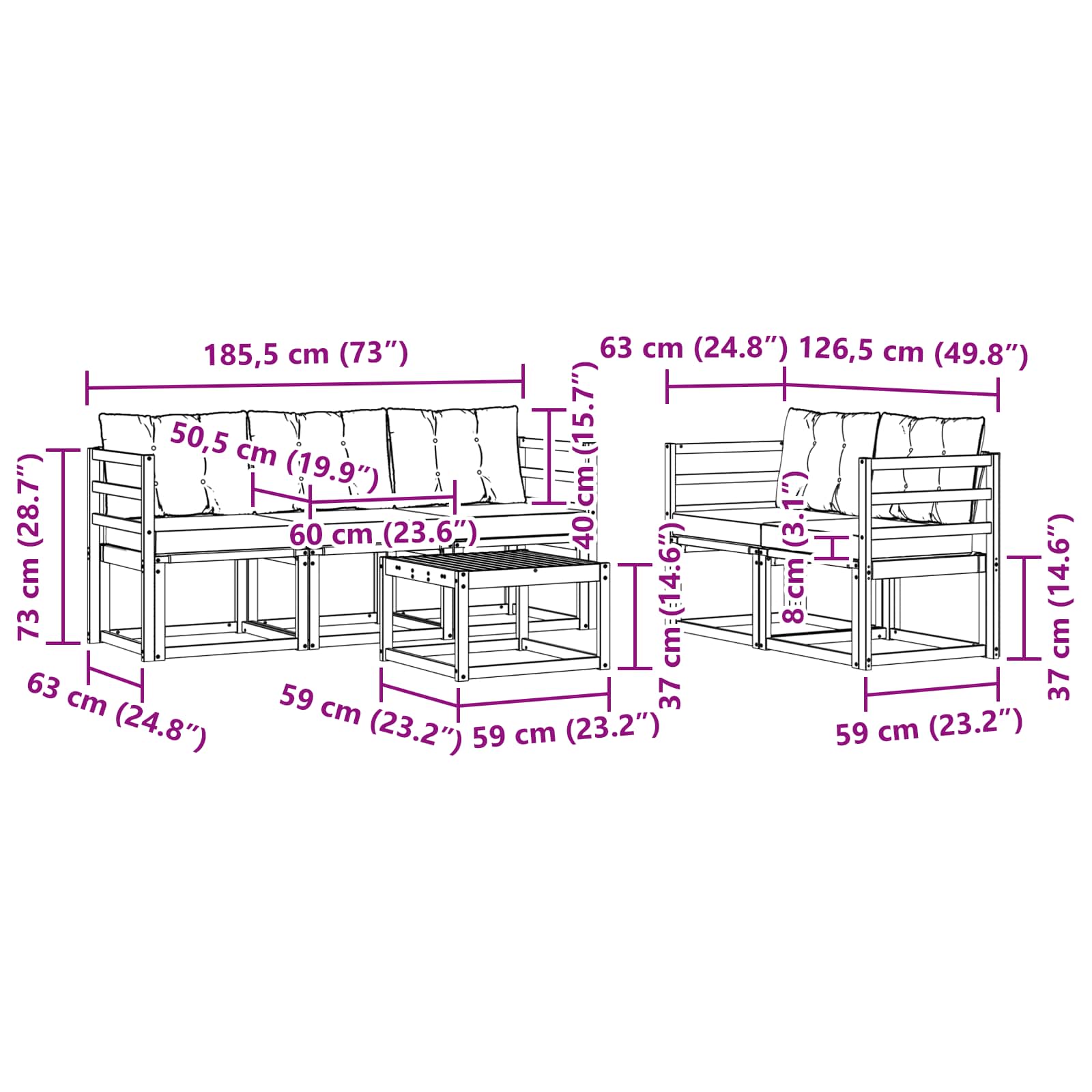 Set vanjskih sofa s jastukom 6 pcs Bijela i crna