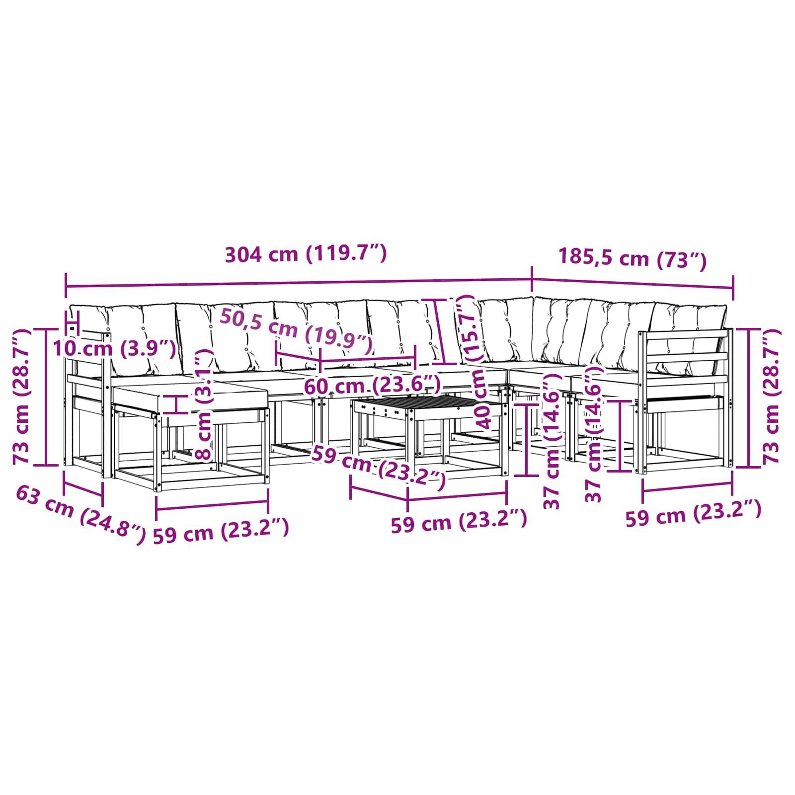 Set vanjskih sofa s jastukom 9 pcs Bijela i crna