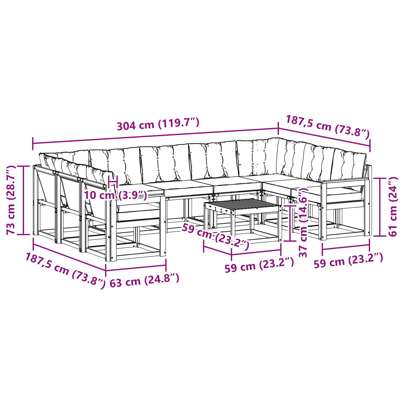 Set vanjskih sofa s jastukom 10 pcs Bijela i crna