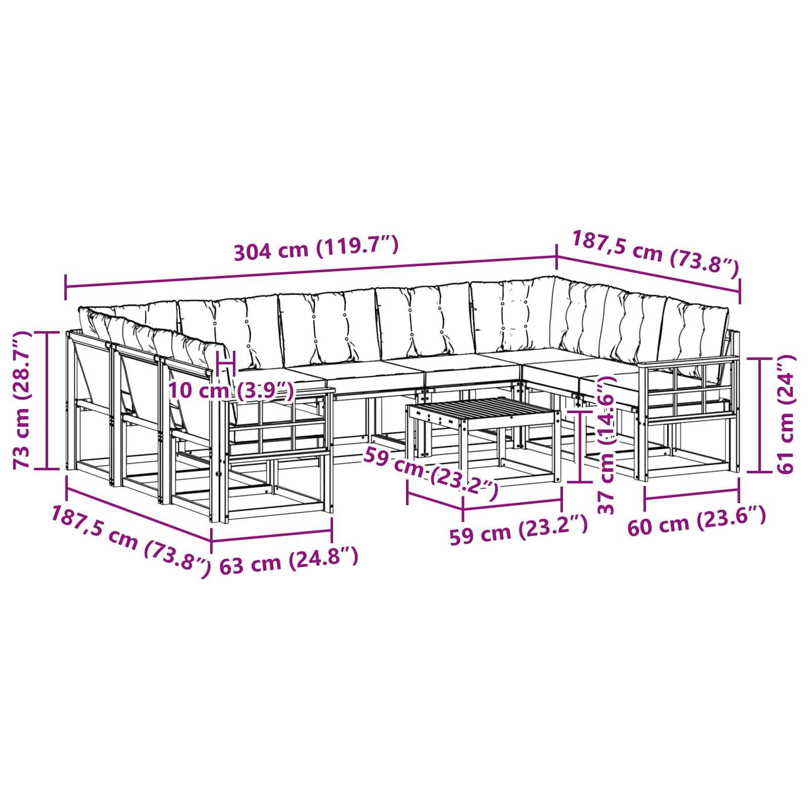 Set vanjskih sofa s jastukom 10 pcs Bijela i crna