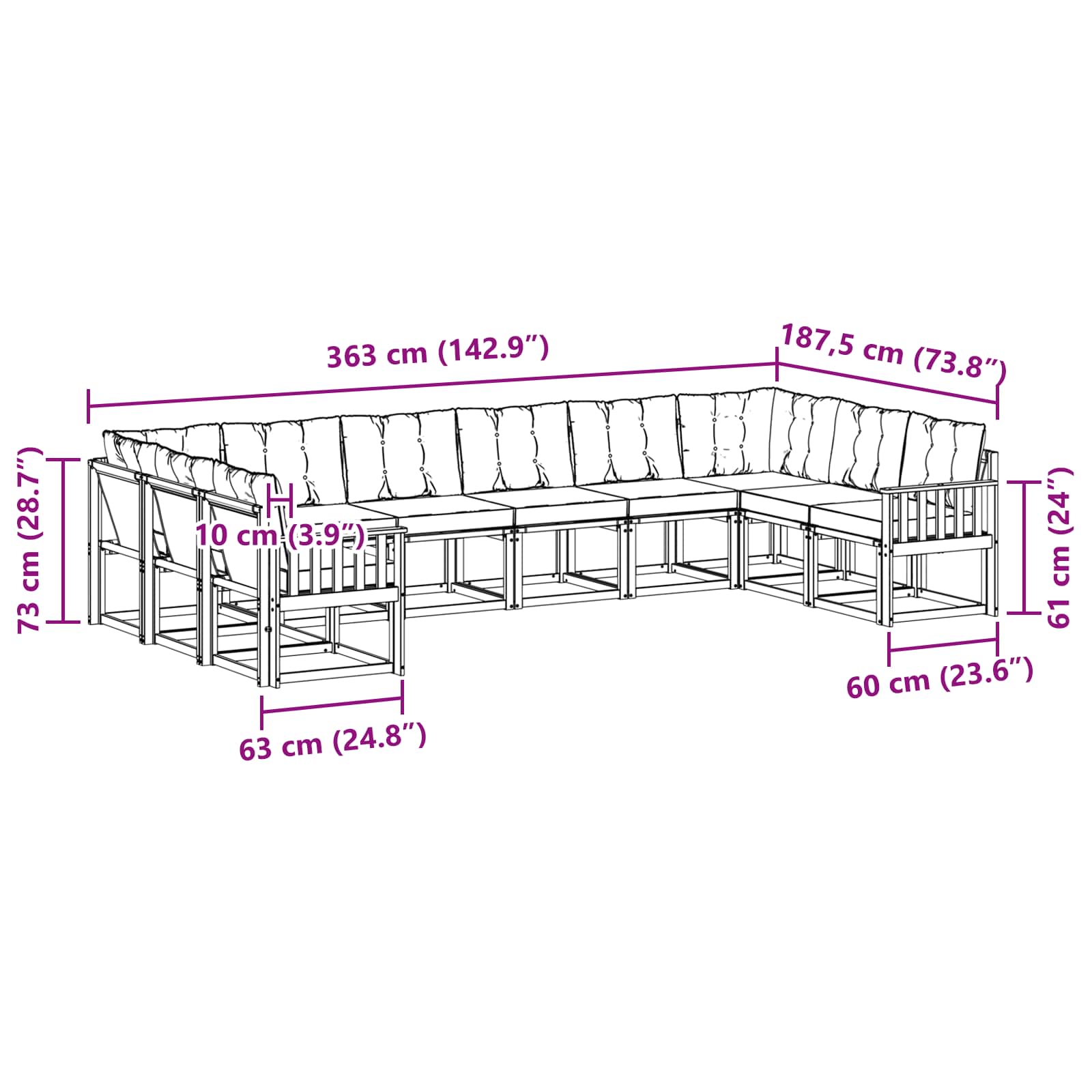 Set vanjskih sofa s jastukom 10 pcs Bijela i crna