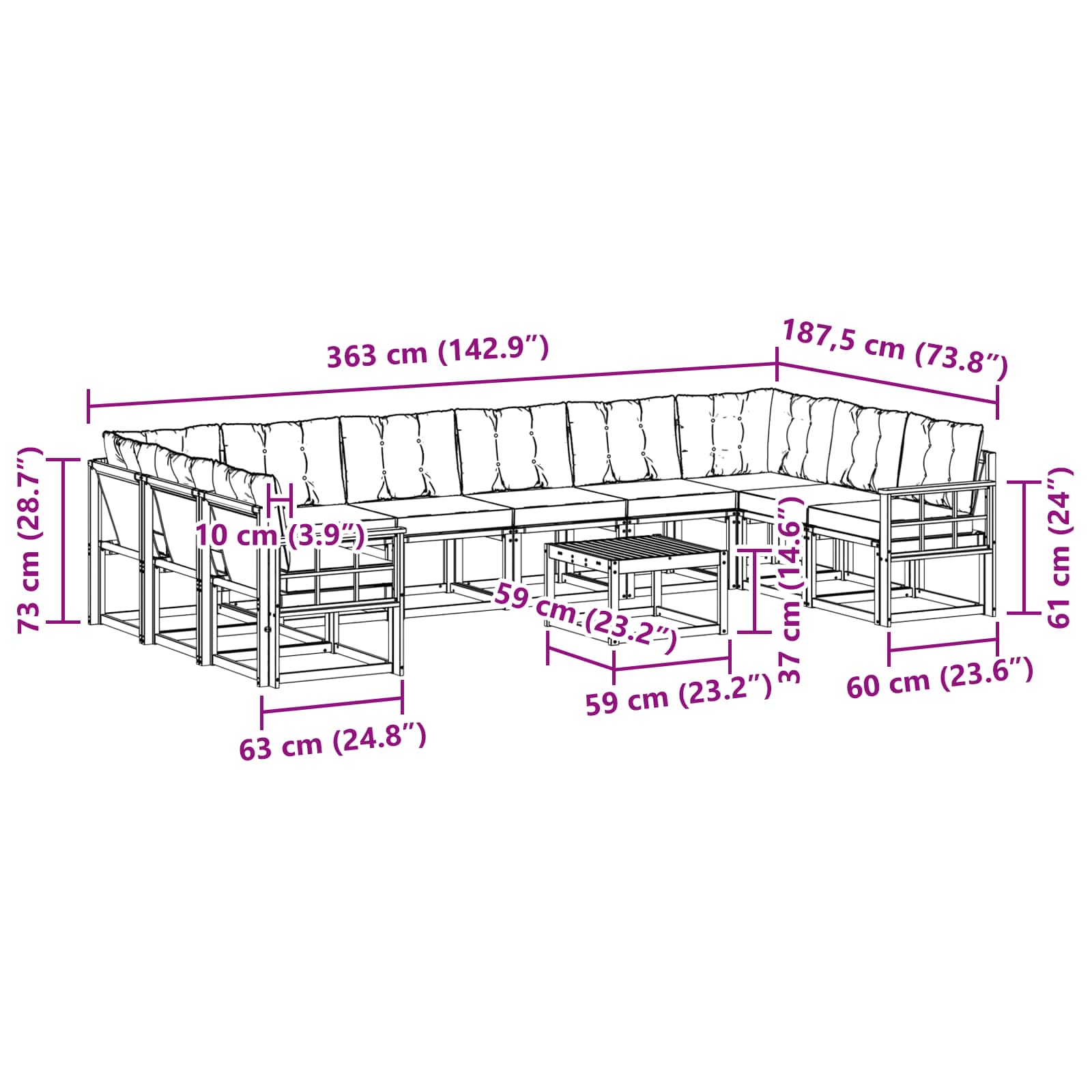 Set vanjskih sofa s jastukom 11 pcs Bijela i crna