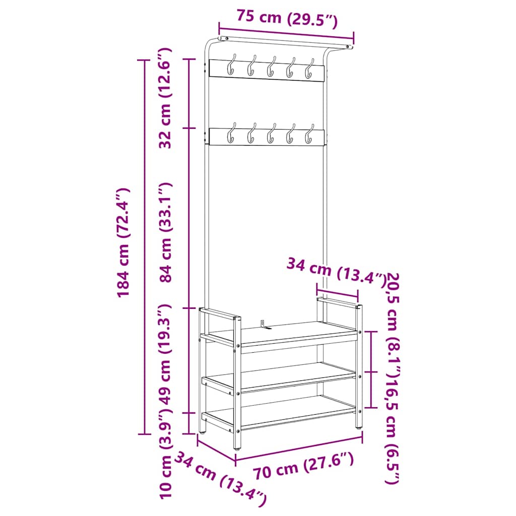 Vješalica za kapute s policom Sonoma hrast 75 x 34 x 184 cm