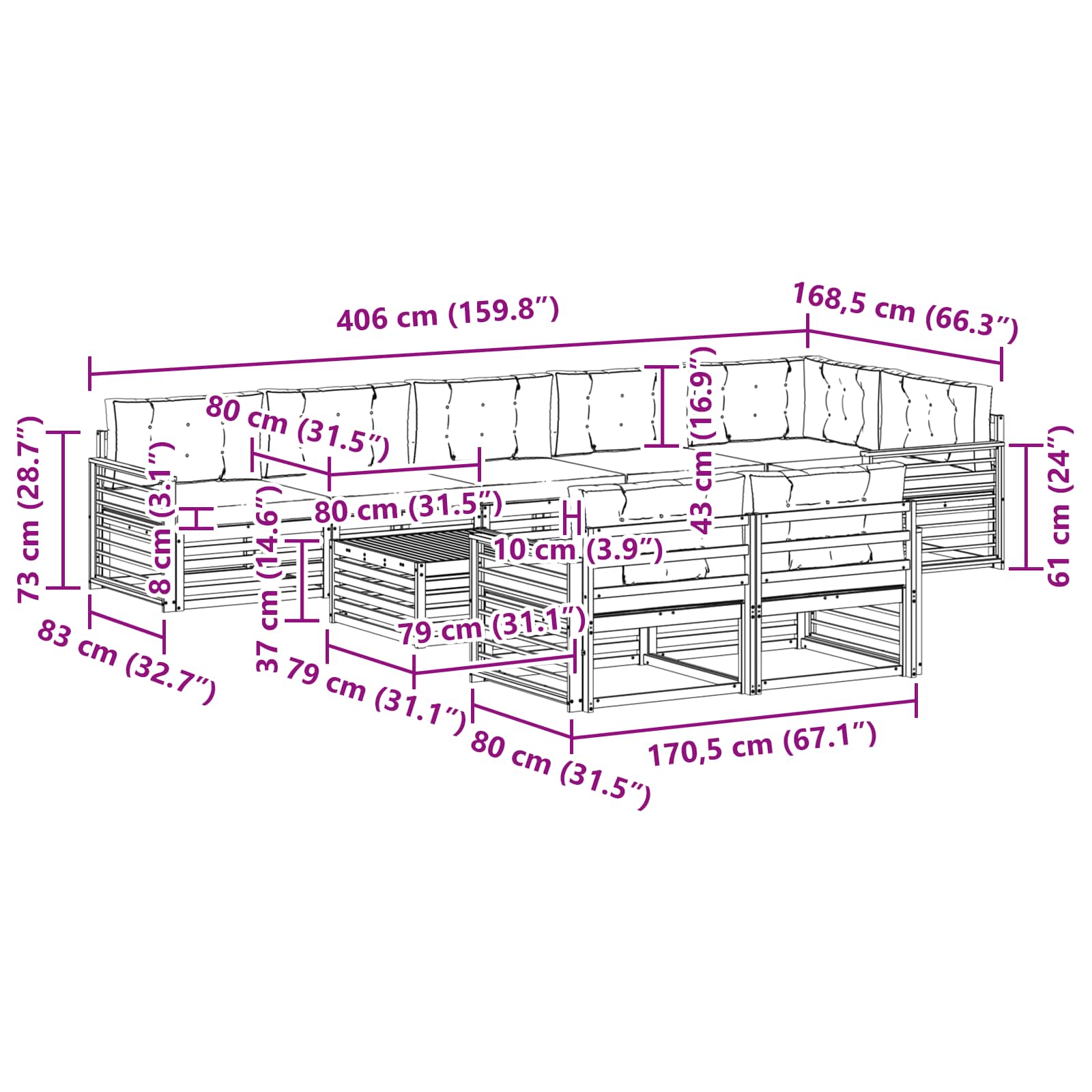 Set vanjskih sofa s jastukom 9 pcs Bijela i bež Poliester
