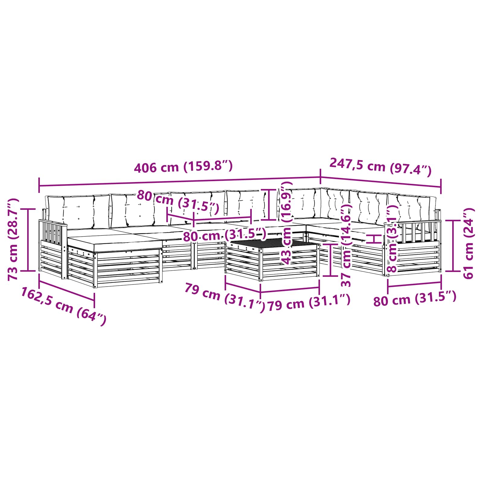 Set vanjskih sofa 9 pcs Bijela i krem Čvrsto drvo akacije
