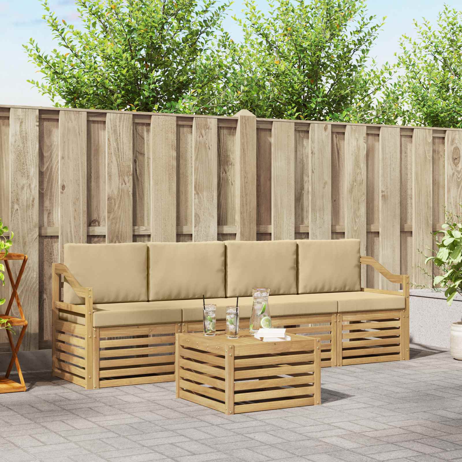 Set vanjskih sofa s jastukom 5 pcs Bijela i bež Poliester