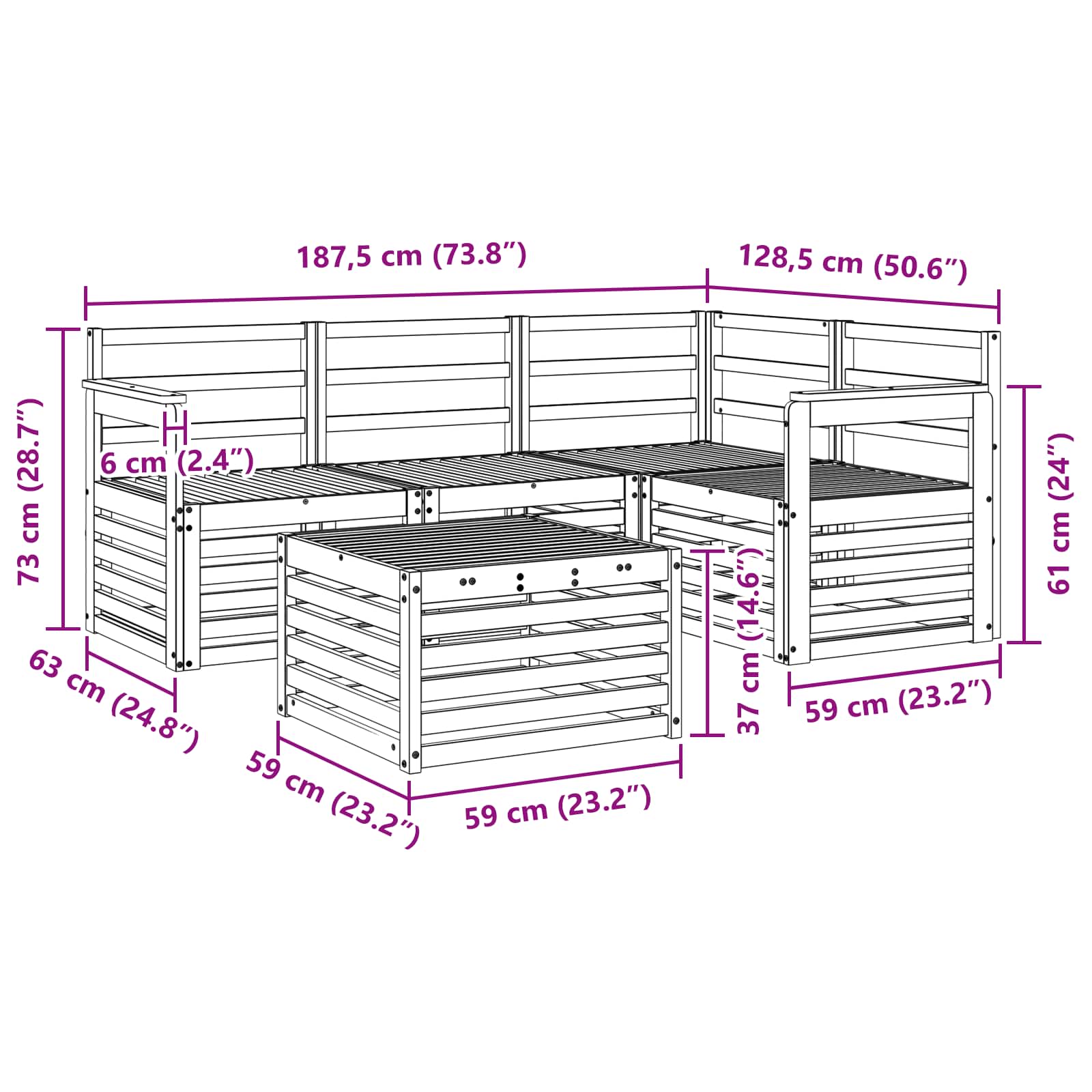 Set vanjskih sofa 5 pcs Bijela 59 x 59 x 37 cm