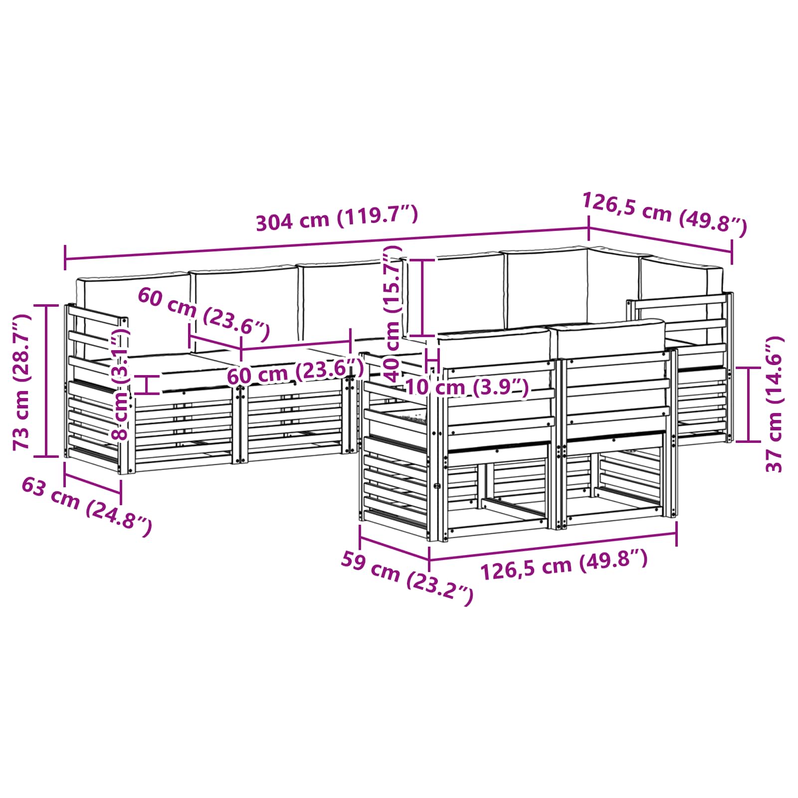 Set vanjskih sofa 8 pcs Bijela i bež 304 x 126,5 x 73 cm