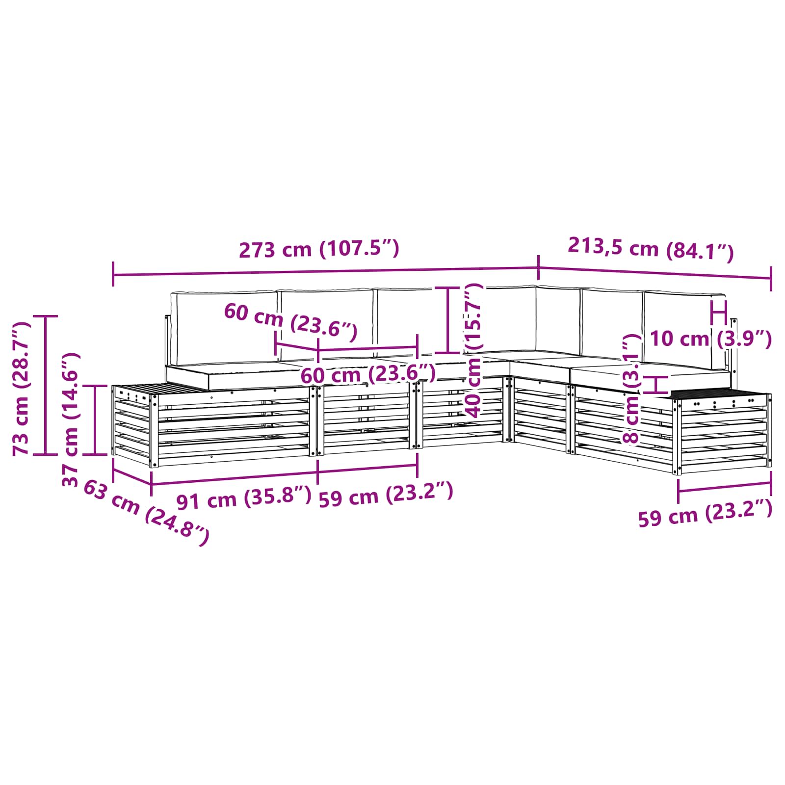 Set vanjskih sofa Bijela 273 x 213,5 x 73 cm Poliester