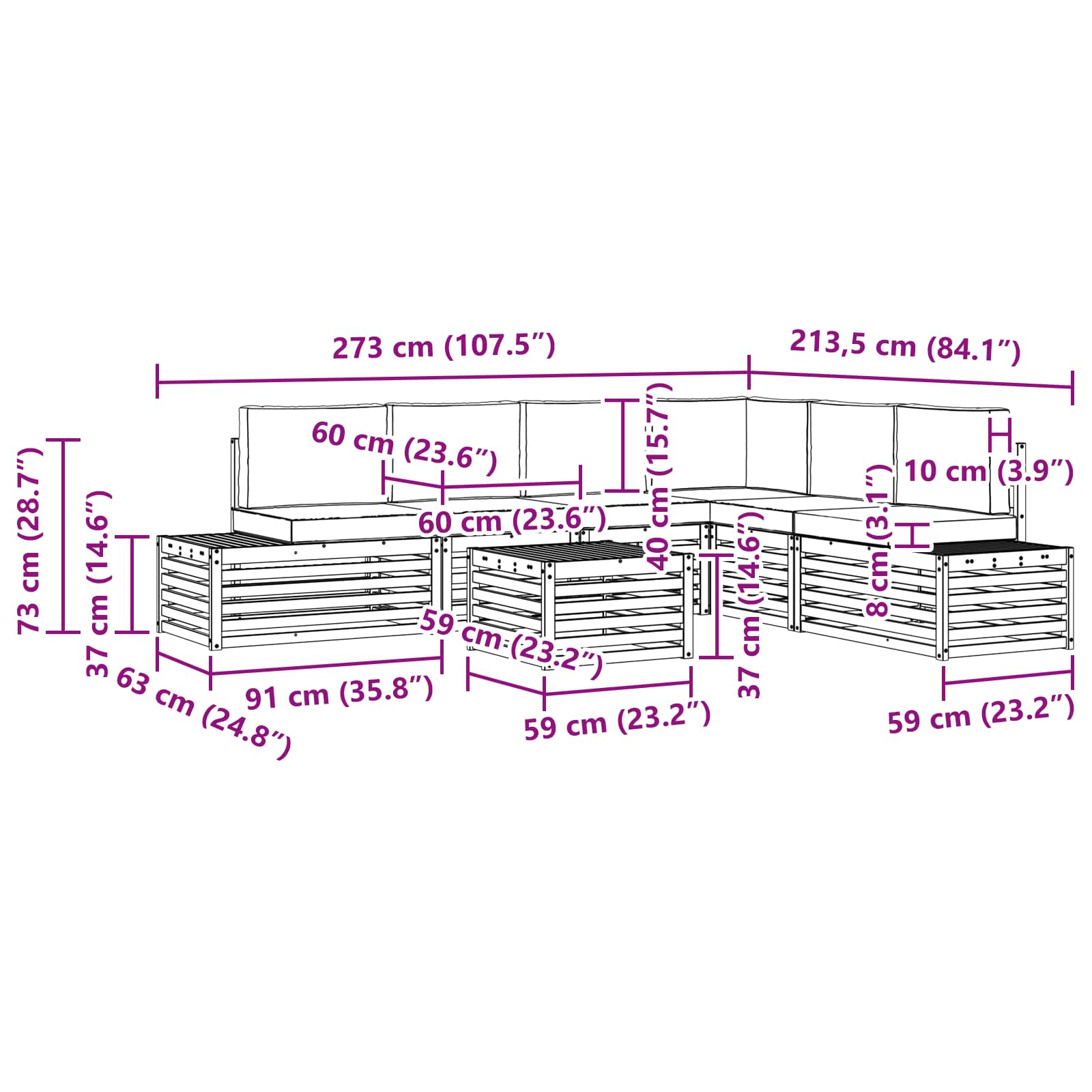 Set vanjskih sofa s jastukom Bijela 59 x 59 x 37 cm Poliester