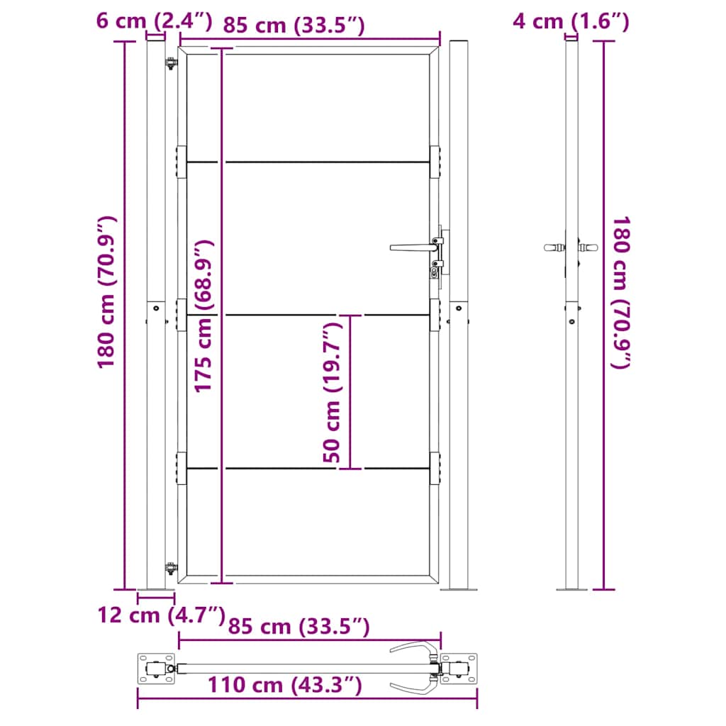 Vrtna vrata Crna 110 x 180 cm Čelik s prahom premazan