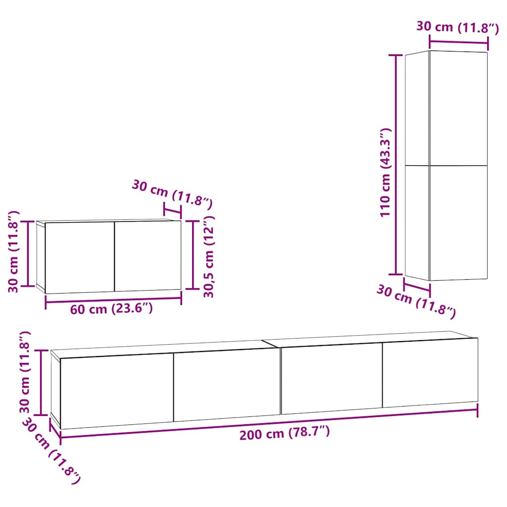 TV Kabinet za Zid Zidne 4 pcs Crni hrast Konstruirano drvo