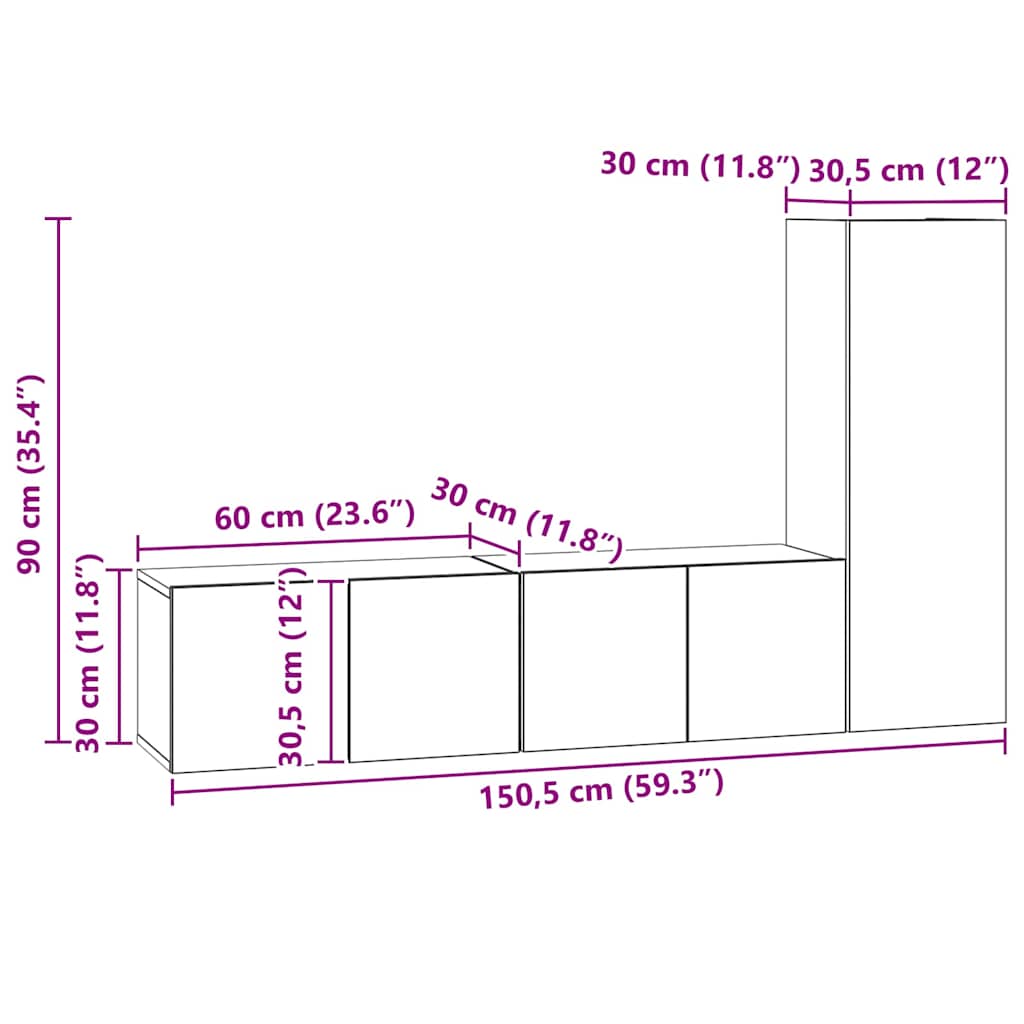 Set TV komoda Zidne 3 pcs Umjetnički hrast Konstruirano drvo