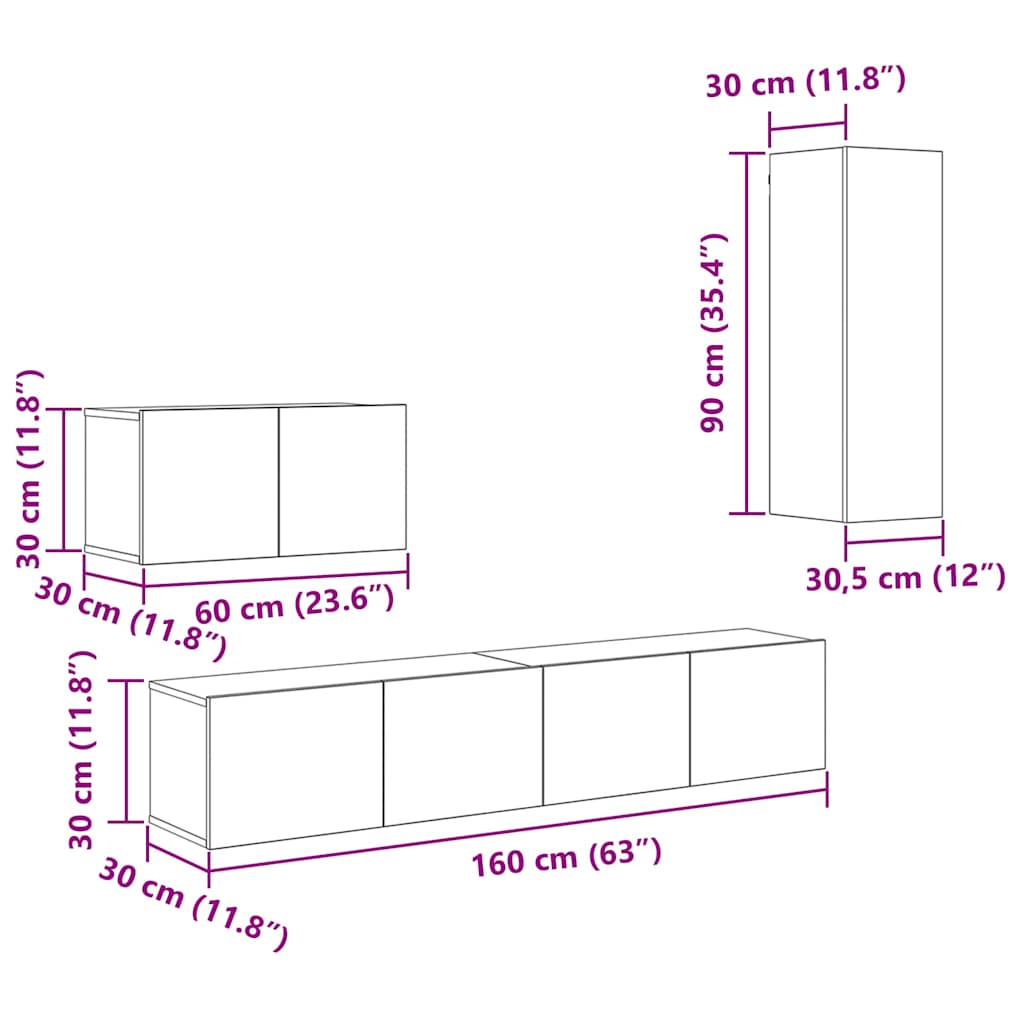 TV Kabinet za Zid Zidne 4 pcs Crni hrast Konstruirano drvo