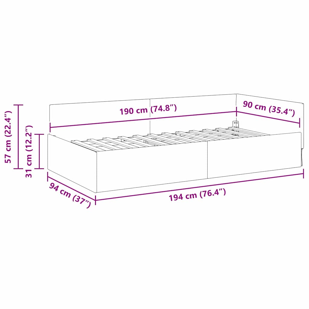 Kutni okvir kreveta Vinska crvena 90 cm x 190 cm Baršun