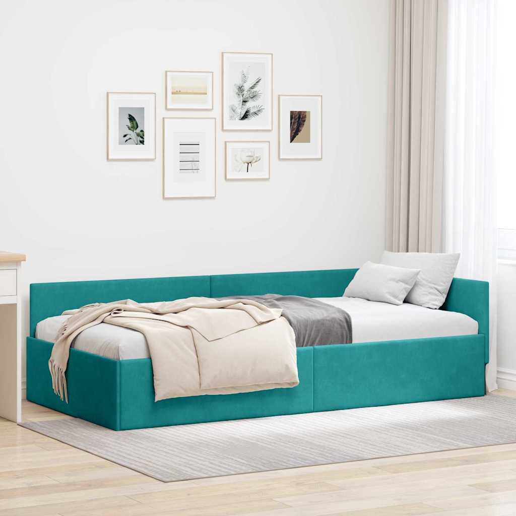 Kutni okvir kreveta s uzglavljem Tirkizna 90 cm x 200 cm Baršun